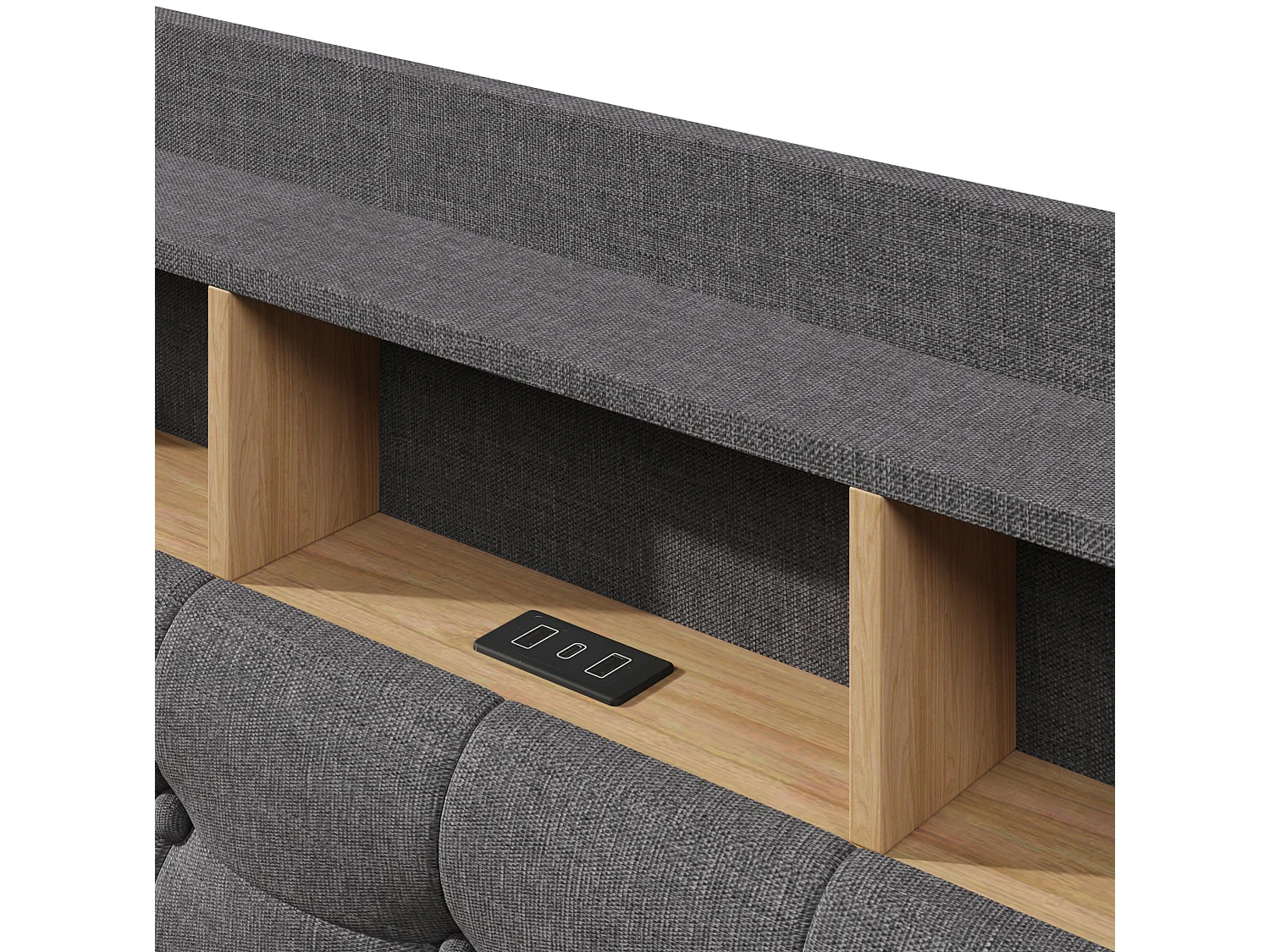 Lit coffre adulte 140x200 cm en lin gris - Avec LED, USB et rangements
