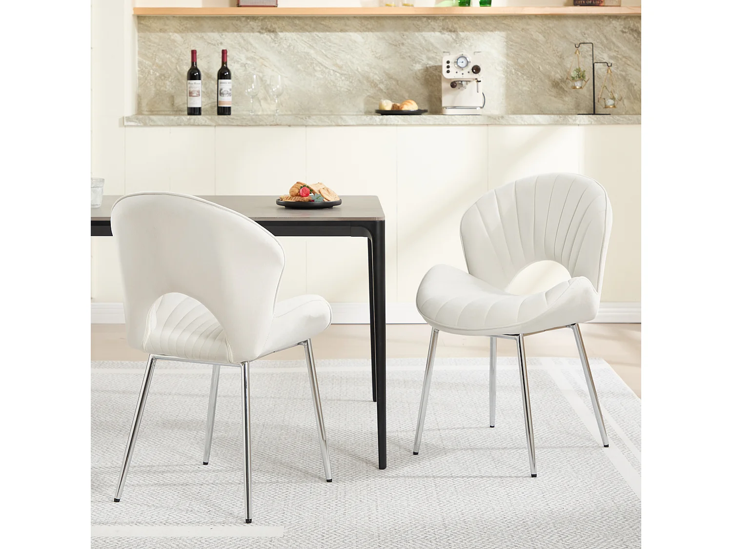 Set van 2 fluwelen stoelen met gebogen rugleuning en open achterzijde – Zonder armleuningen – Ivoorwit
