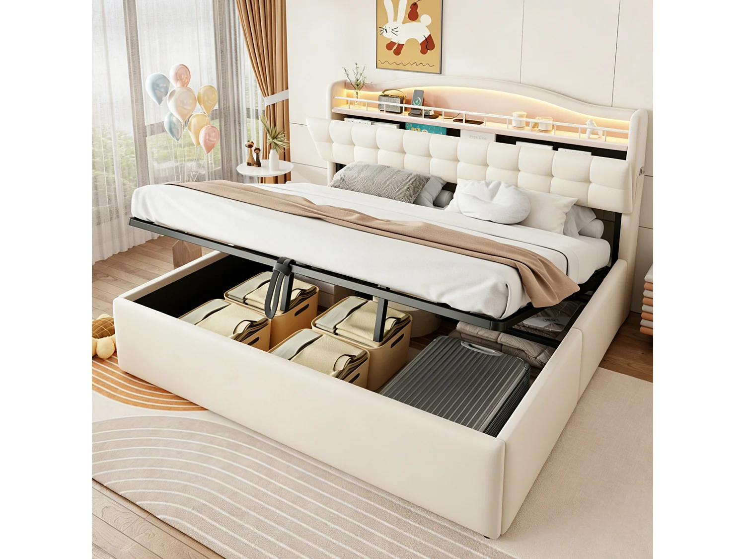 Lit coffre adulte 180x200 cm avec LED et ports USB/USB-C - Lit double en velours beige