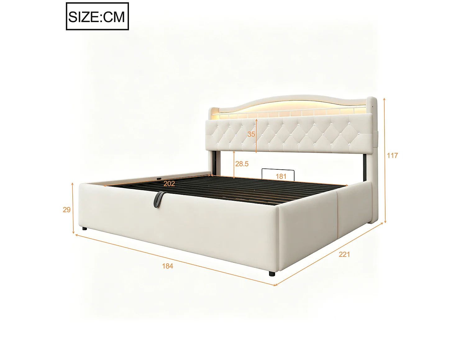 Lit coffre adulte 180x200 cm avec LED et ports USB/USB-C - Lit double en velours beige