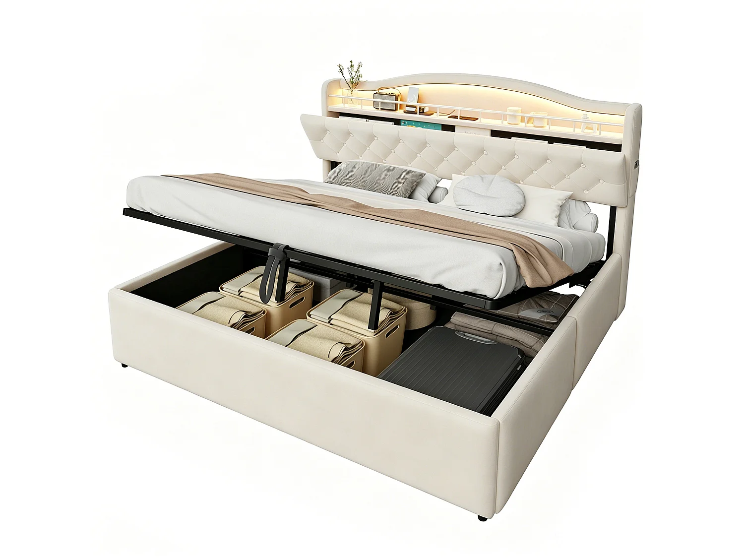 Lit coffre adulte 180x200 cm avec LED et ports USB/USB-C - Lit double en velours beige