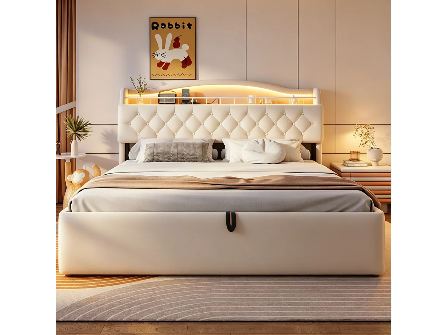 Lit coffre adulte 180x200 cm avec LED et ports USB/USB-C - Lit double en velours beige