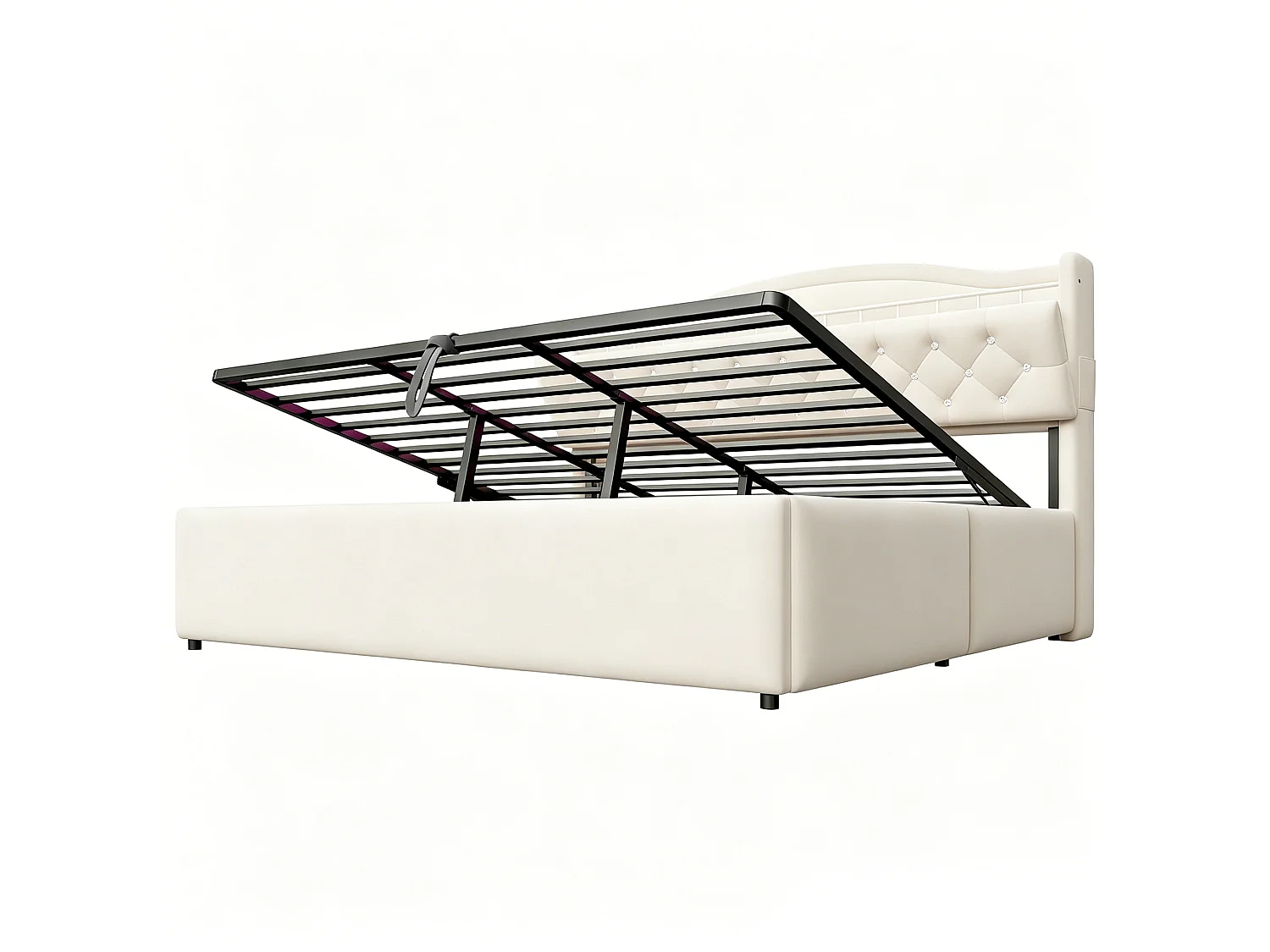 Lit coffre adulte 180x200 cm avec LED et ports USB/USB-C - Lit double en velours beige