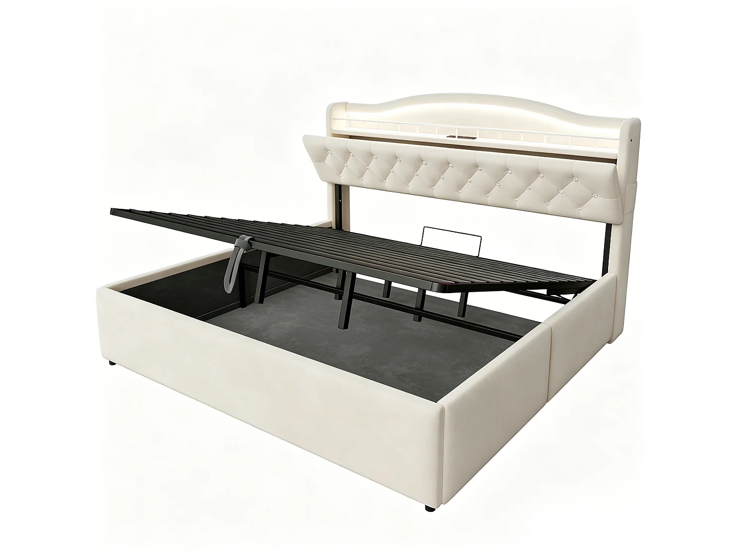 Lit coffre adulte 180x200 cm avec LED et ports USB/USB-C - Lit double en velours beige