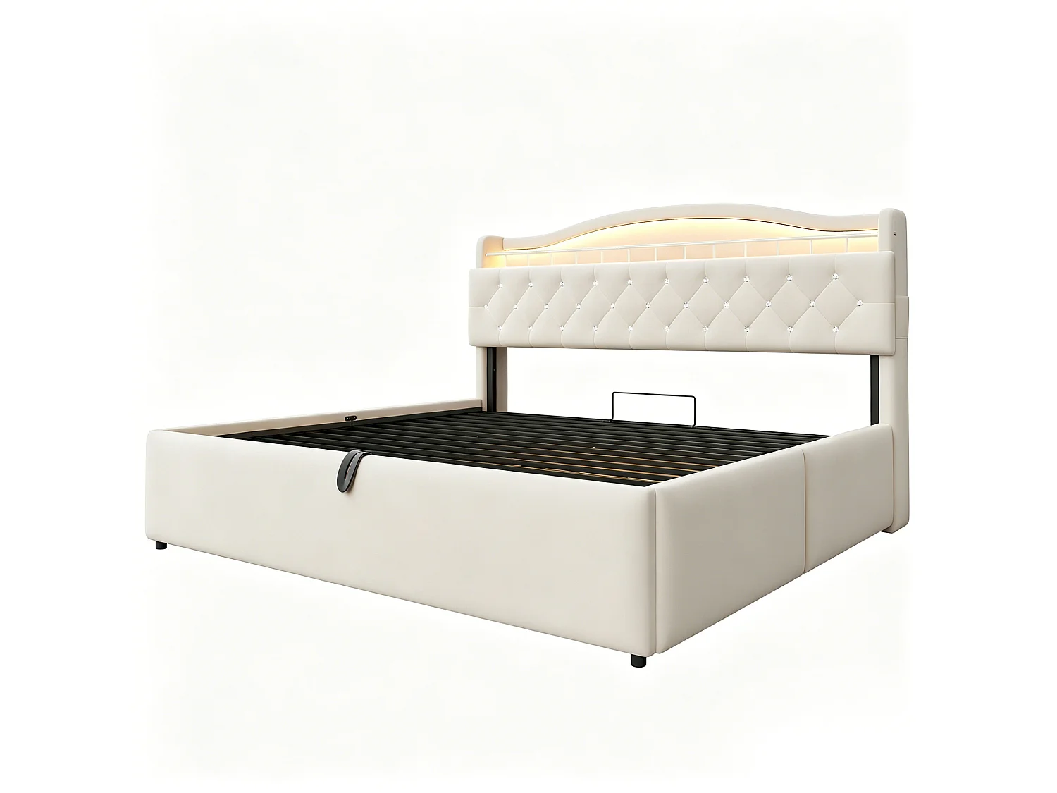 Lit coffre adulte 180x200 cm avec LED et ports USB/USB-C - Lit double en velours beige
