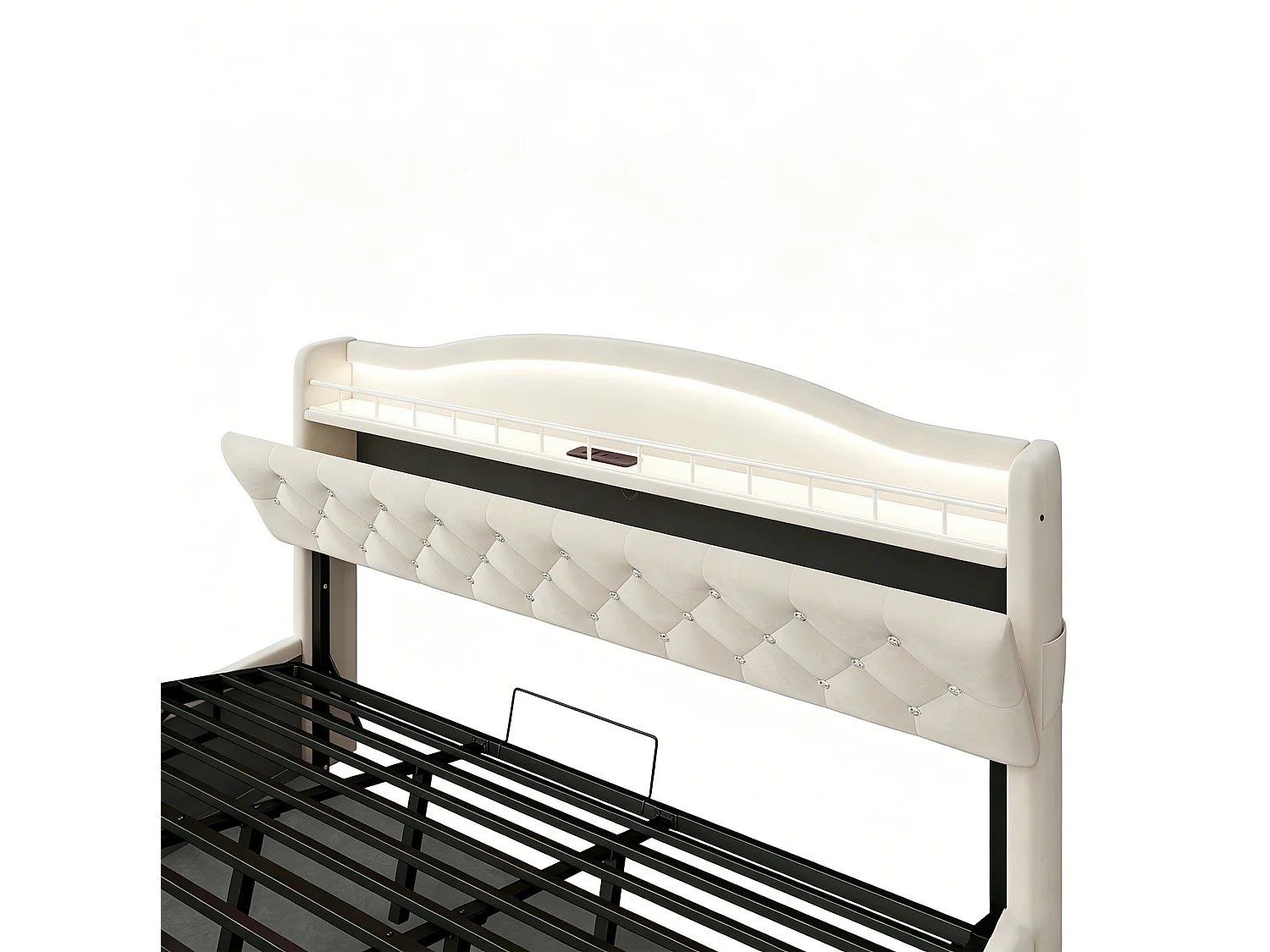 Lit coffre adulte 180x200 cm avec LED et ports USB/USB-C - Lit double en velours beige