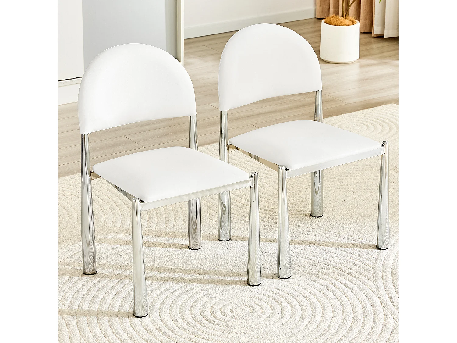 Set van 2 witte PU-stoelen met halfronde rugleuning en metalen poten