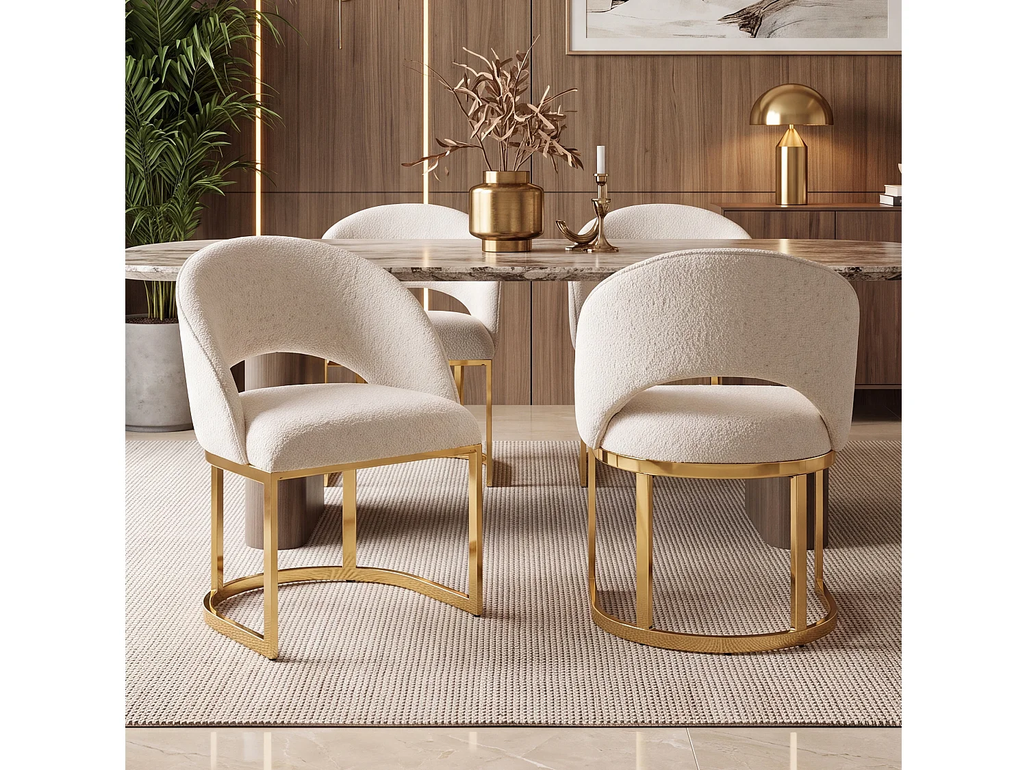 Juego de 6 sillas de tela bouclé - Estilo moderno - Beige y dorado