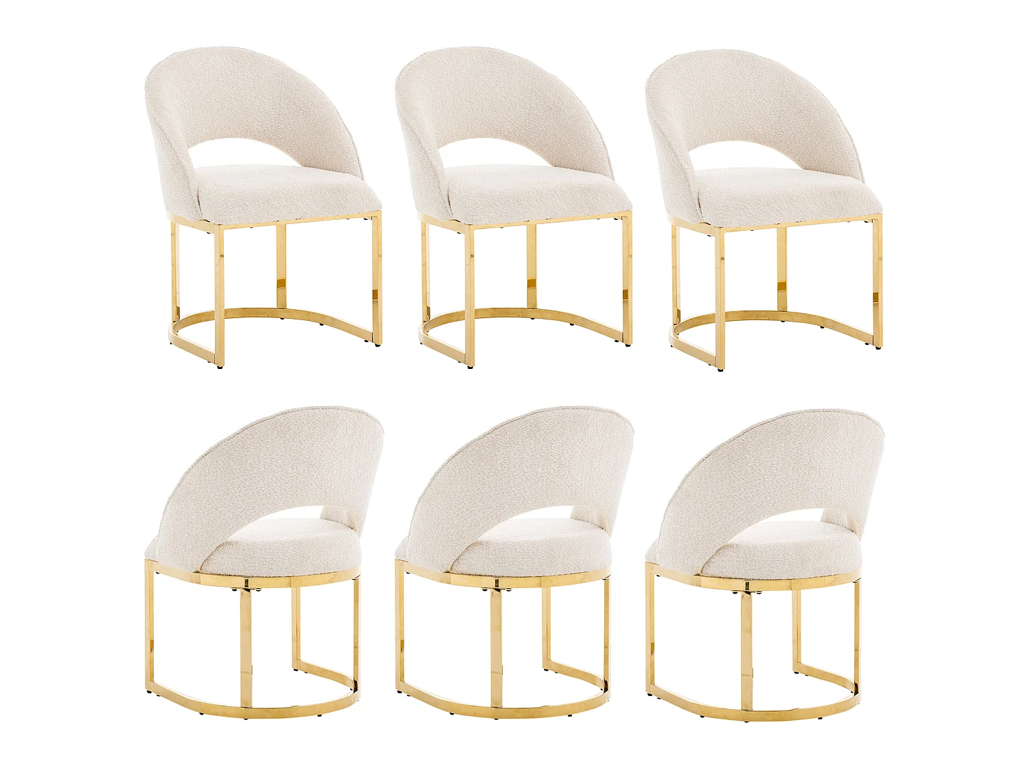 Juego de 6 sillas de tela bouclé - Estilo moderno - Beige y dorado