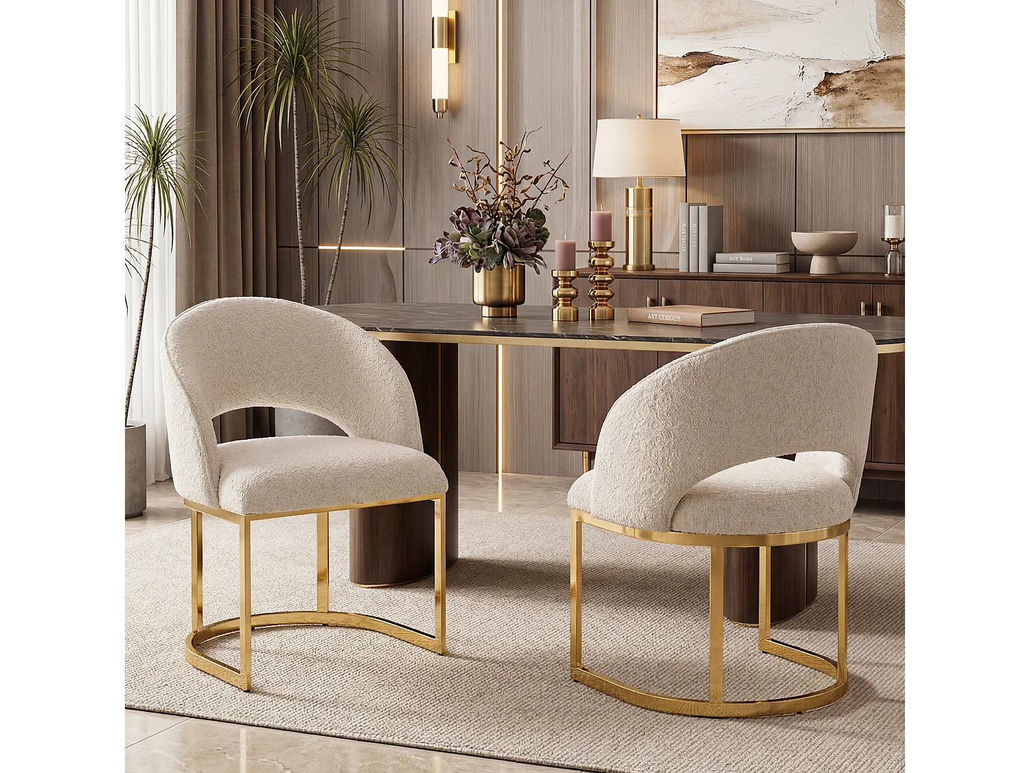 Juego de 6 sillas de tela bouclé - Estilo moderno - Beige y dorado