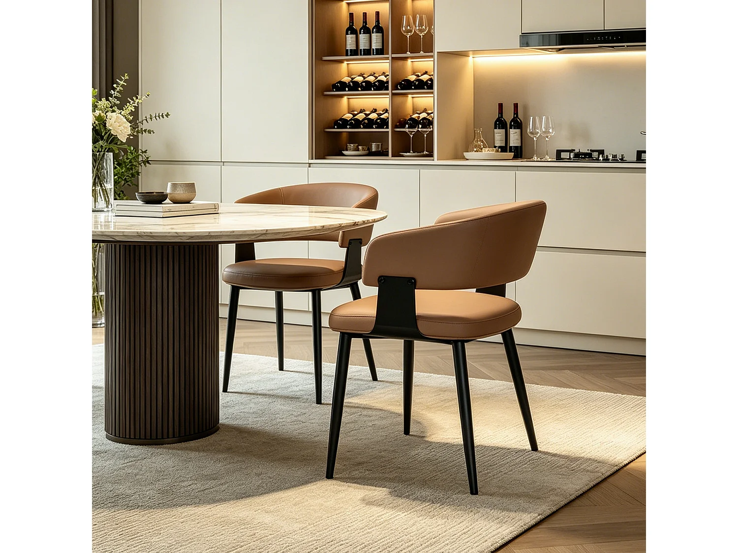 Set van 2 bruine PU-stoelen met zwart metalen poten