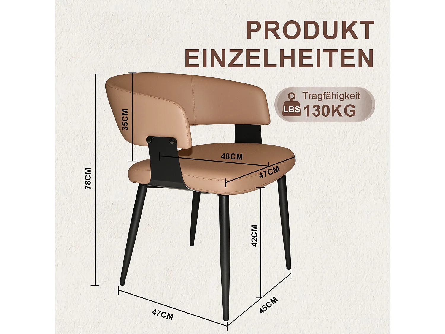 Set van 2 bruine PU-stoelen met zwart metalen poten