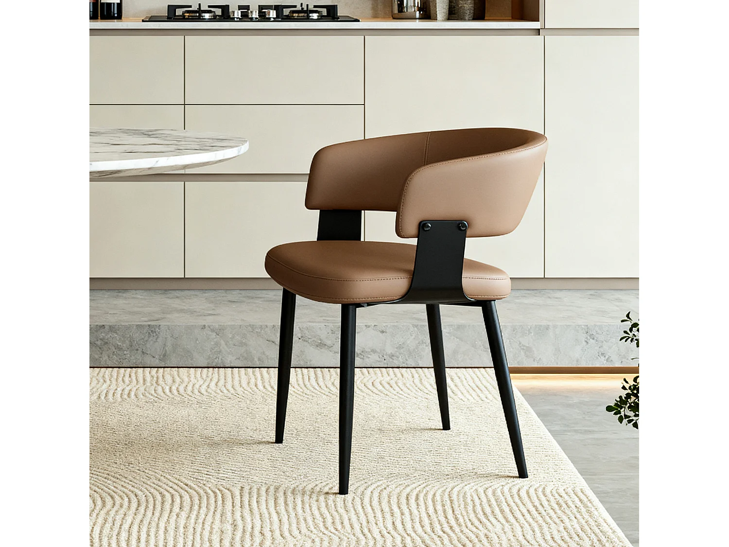 Set van 2 bruine PU-stoelen met zwart metalen poten