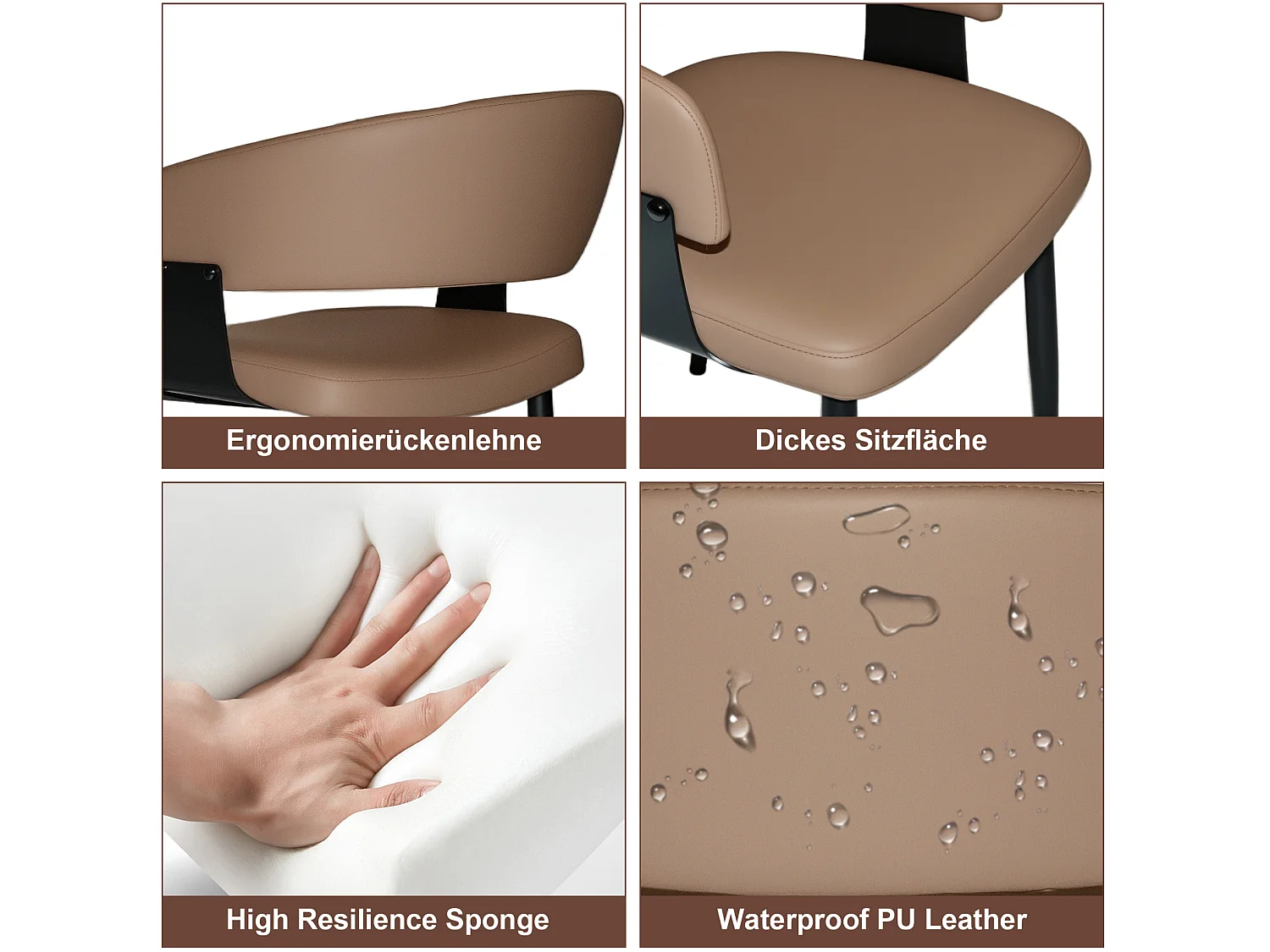 Set van 2 bruine PU-stoelen met zwart metalen poten