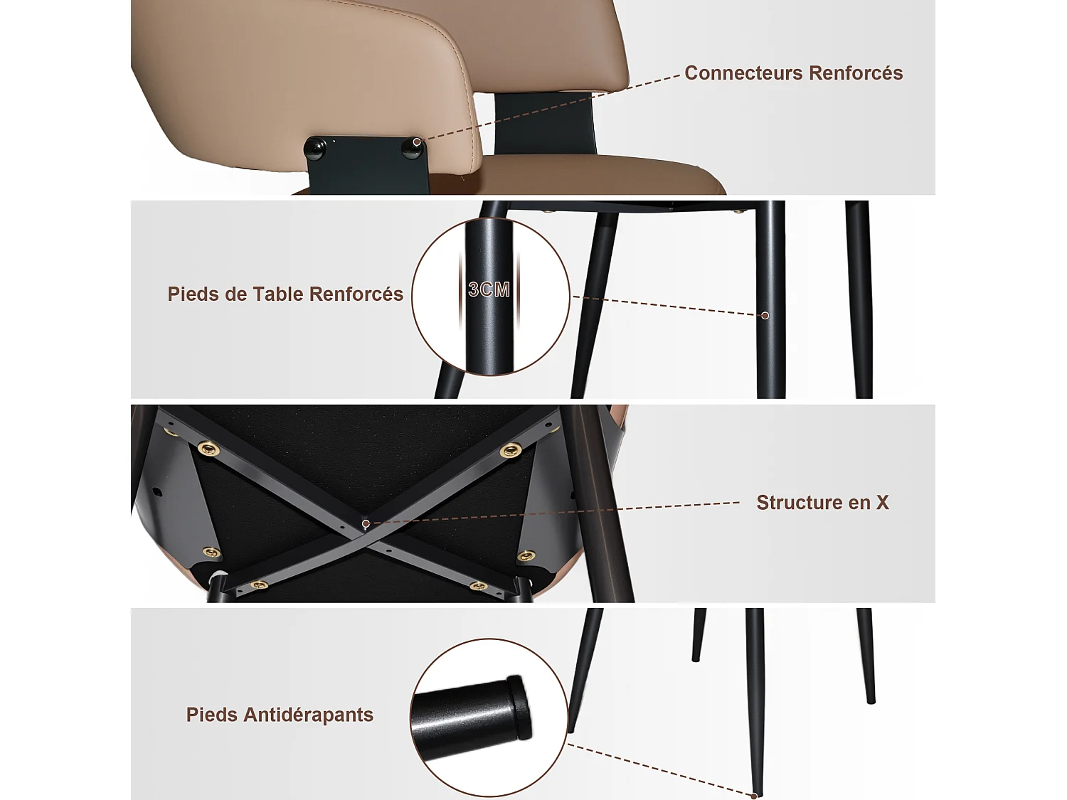 Set van 2 bruine PU-stoelen met zwart metalen poten