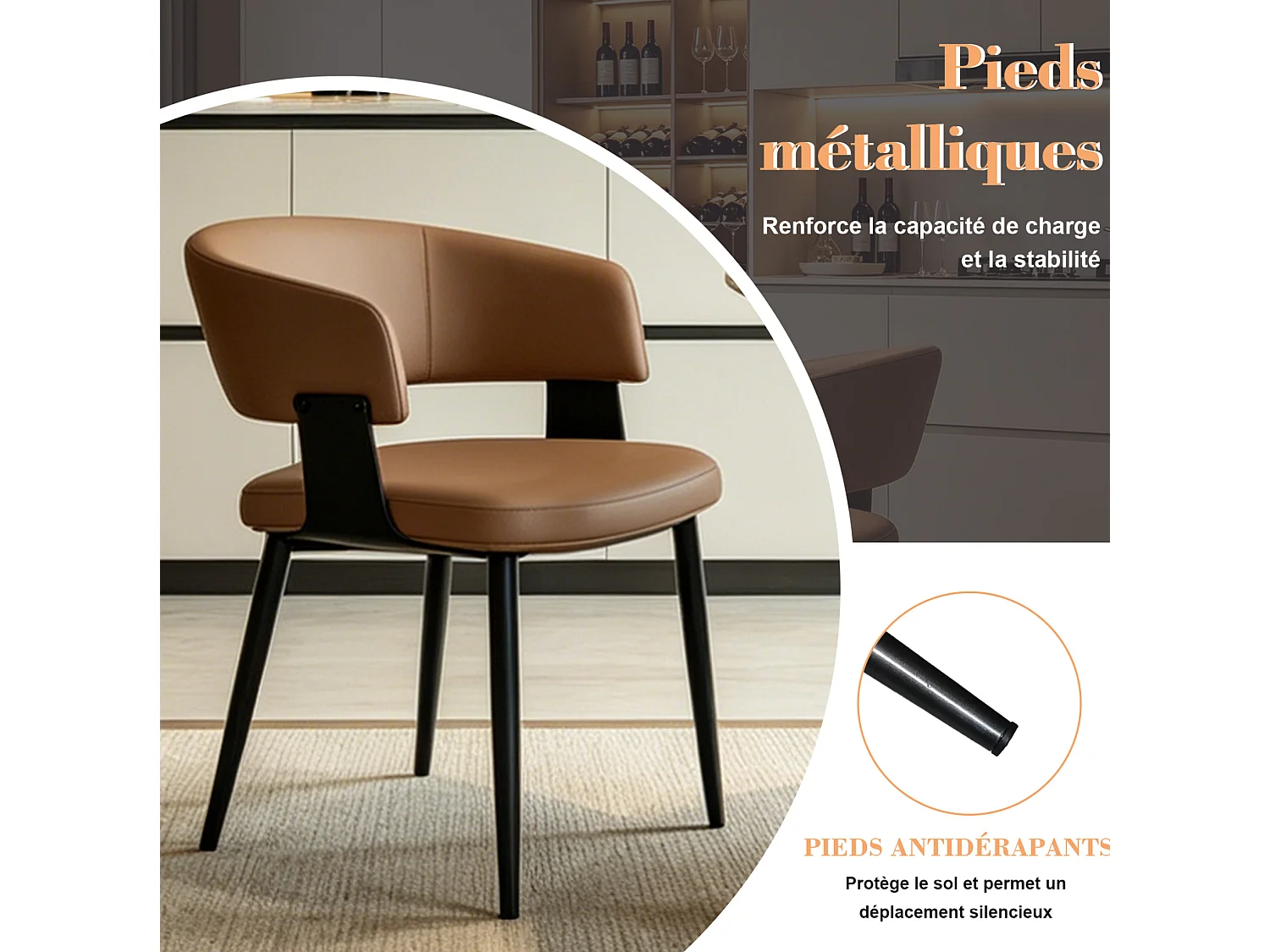 Set van 2 bruine PU-stoelen met zwart metalen poten