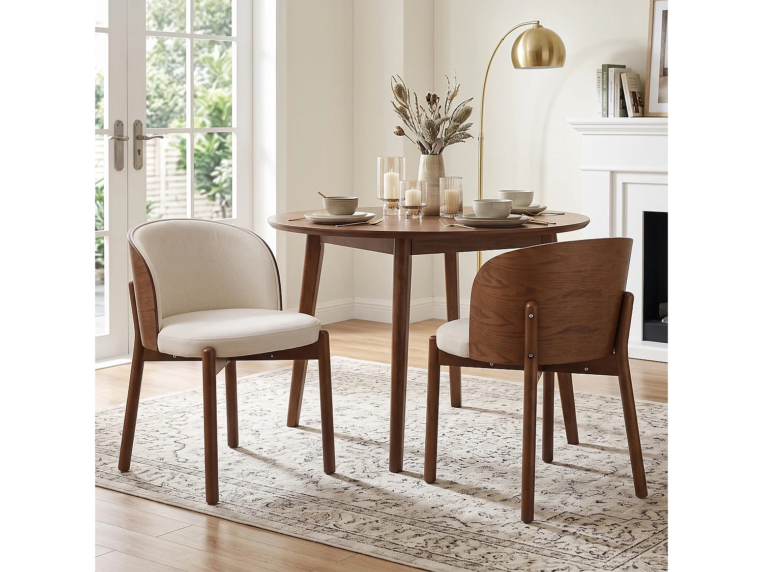 Conjunto de 2 sillas de comedor de madera y lino - Marrón y blanco
