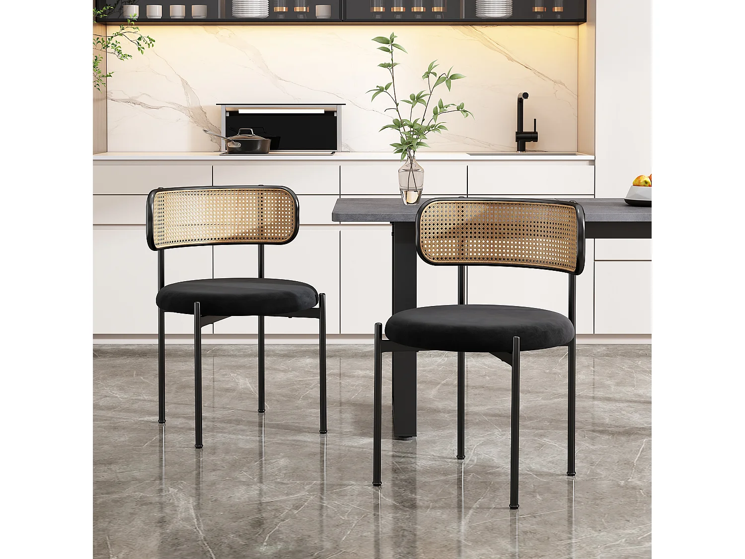 Lot de 2 chaises velours noir, dossier rotin, pieds métal, design scandinave, salle à manger