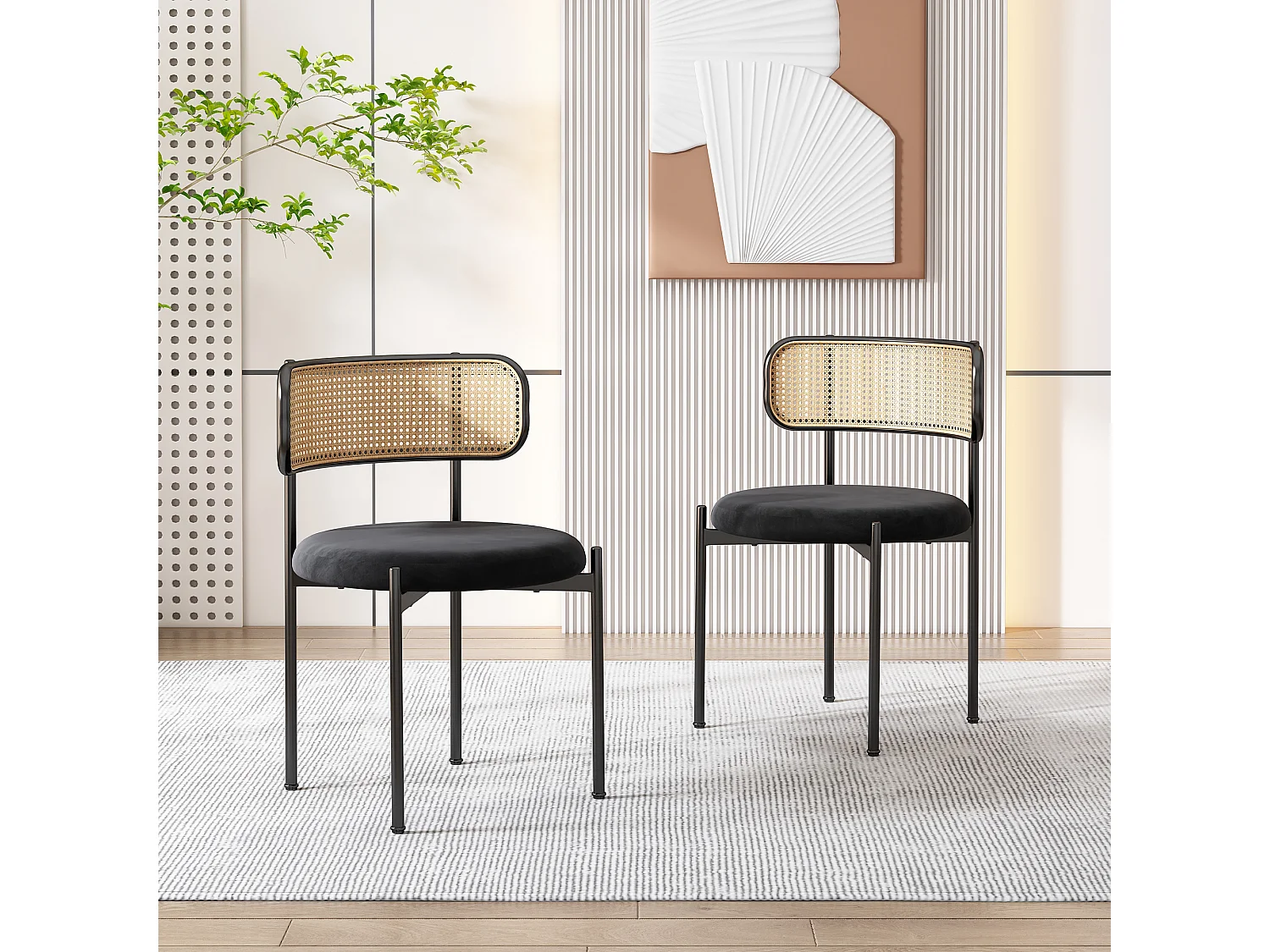 Lot de 2 chaises velours noir, dossier rotin, pieds métal, design scandinave, salle à manger