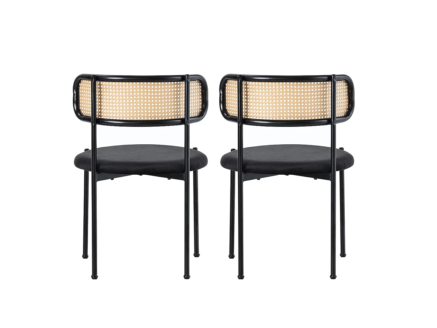 Lot de 2 chaises velours noir, dossier rotin, pieds métal, design scandinave, salle à manger