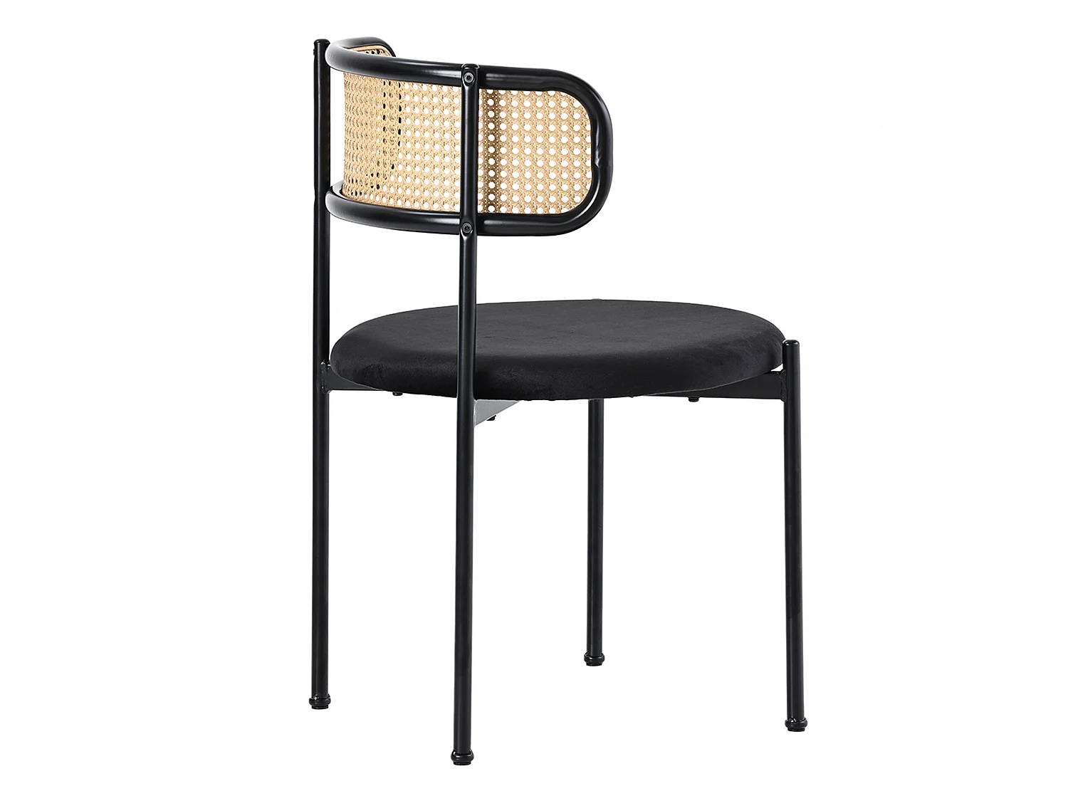 Lot de 2 chaises velours noir, dossier rotin, pieds métal, design scandinave, salle à manger