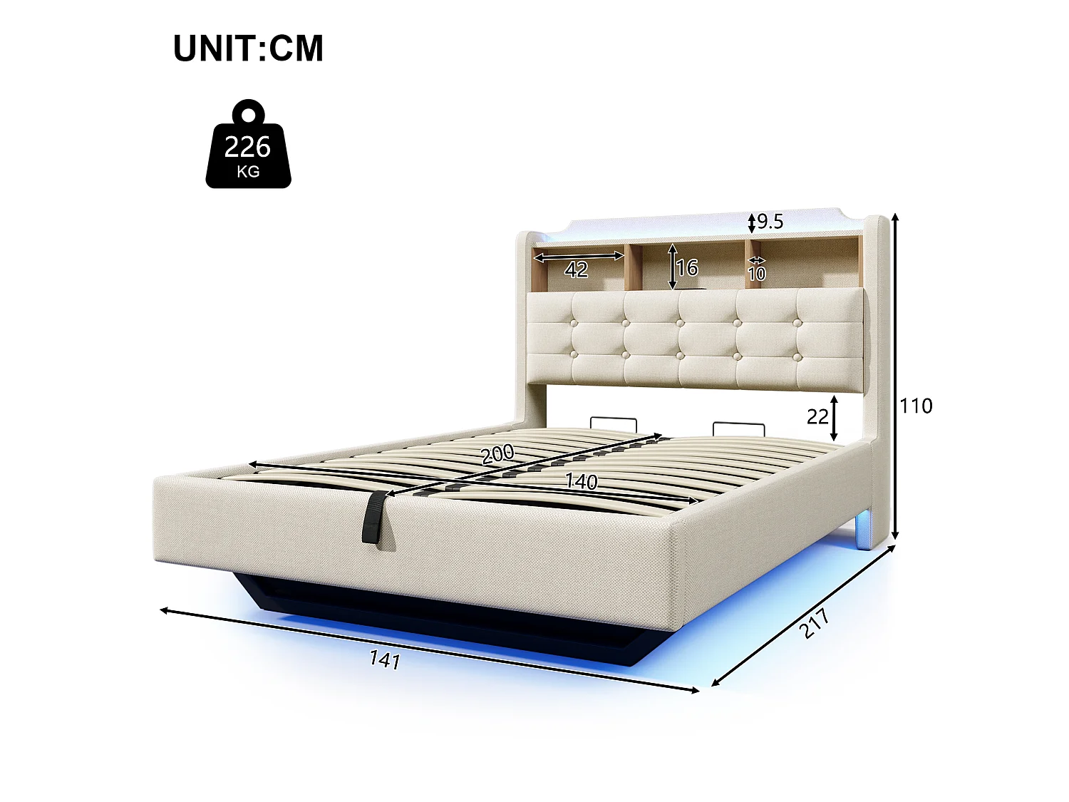 Letto contenitore in lino beige 140x200 cm – Con LED, USB e vano contenitore
