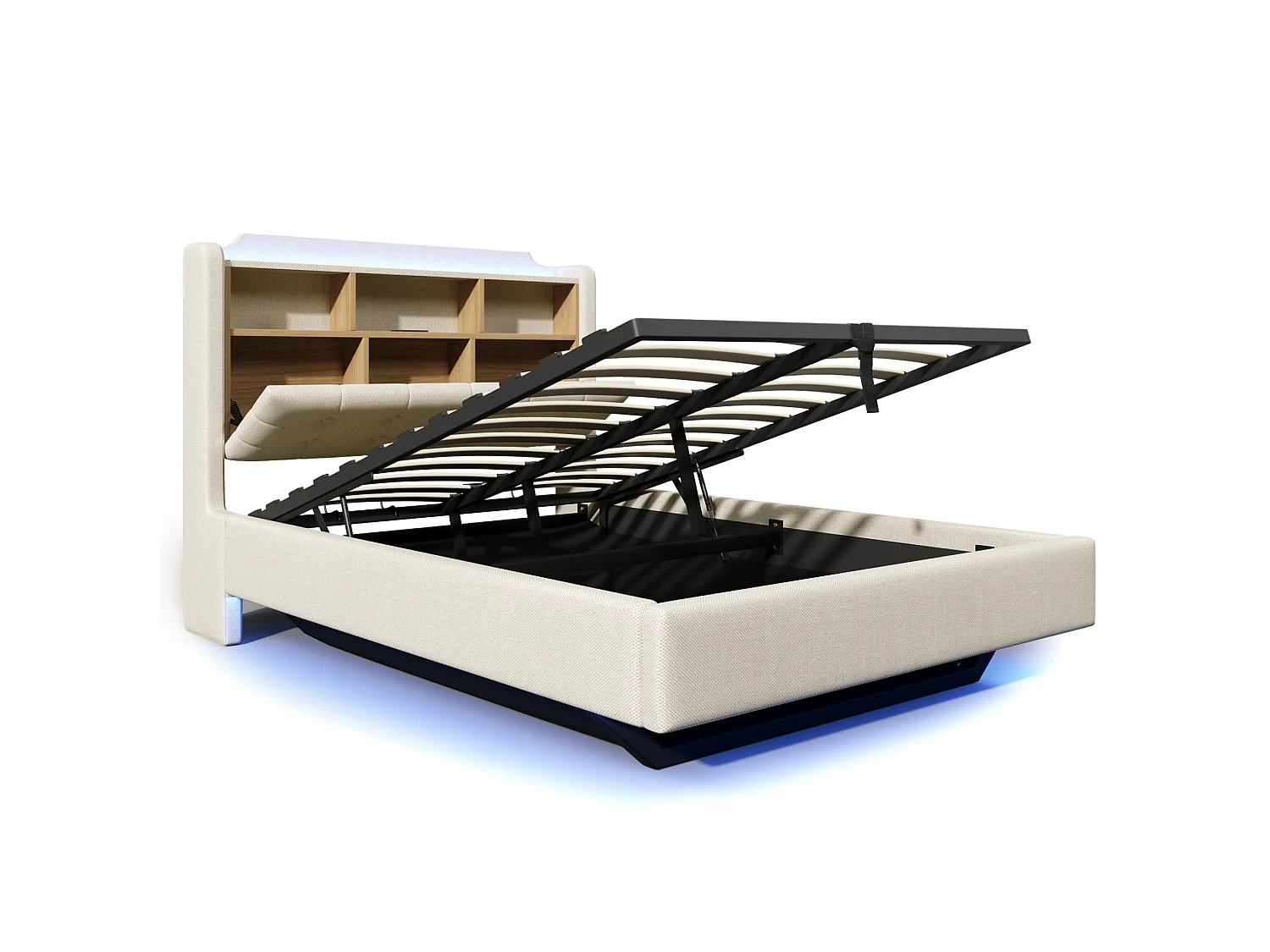 Letto contenitore in lino beige 140x200 cm – Con LED, USB e vano contenitore