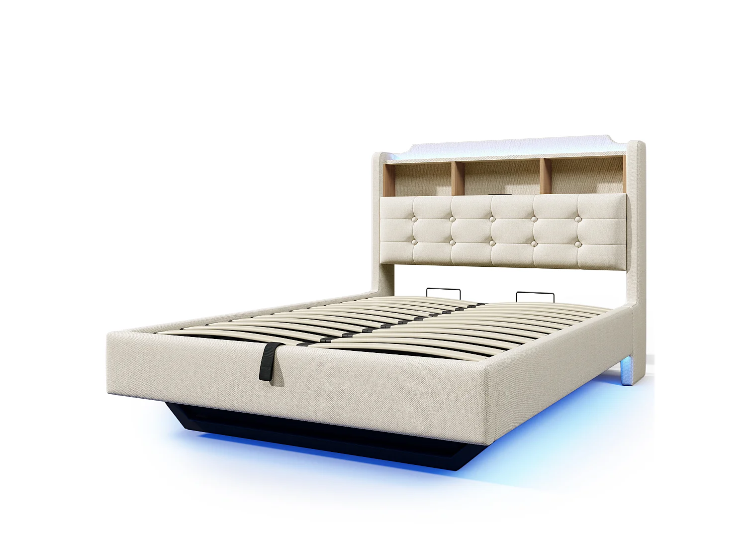 Letto contenitore in lino beige 140x200 cm – Con LED, USB e vano contenitore