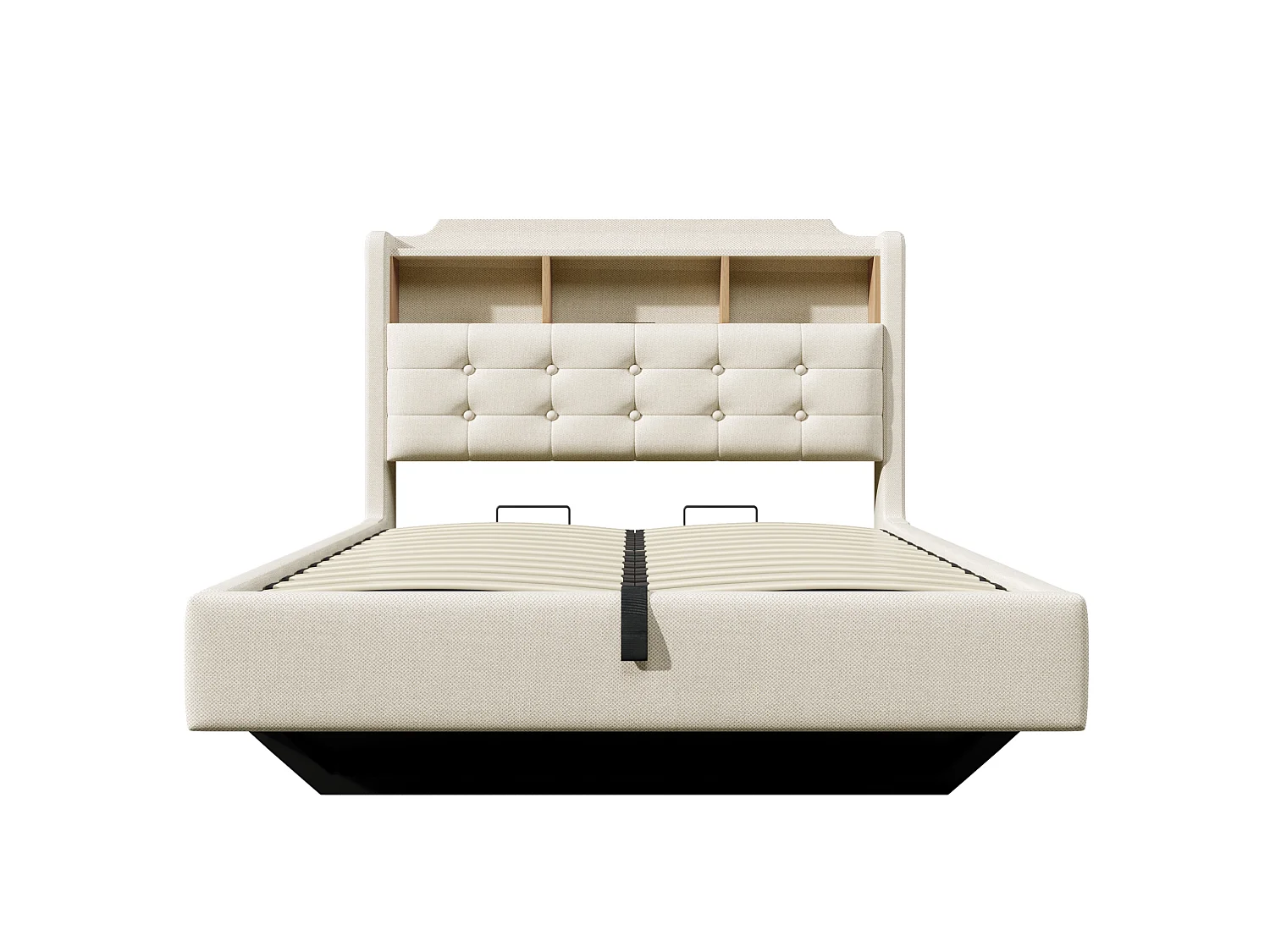 Letto contenitore in lino beige 140x200 cm – Con LED, USB e vano contenitore