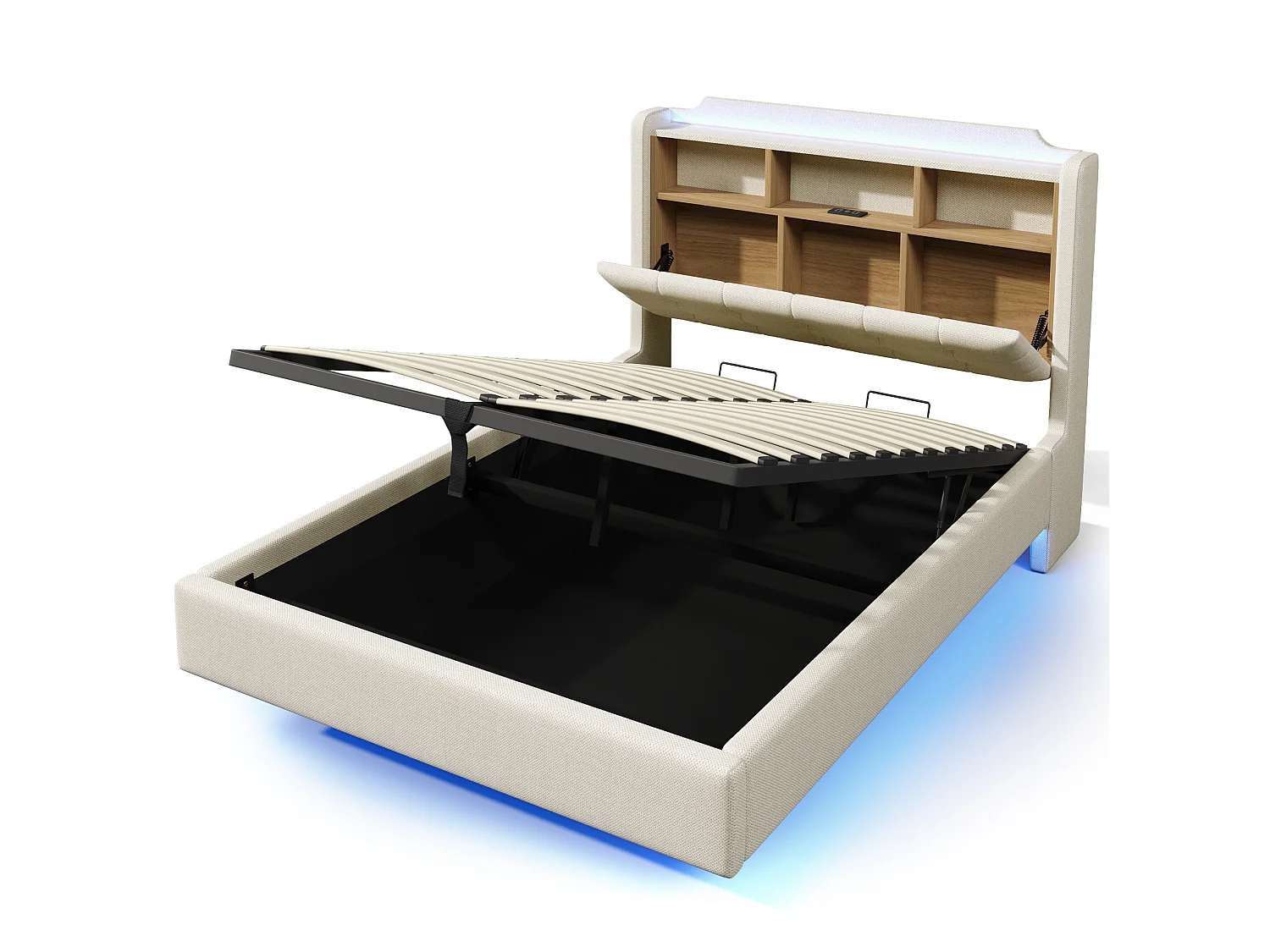 Letto contenitore in lino beige 140x200 cm – Con LED, USB e vano contenitore