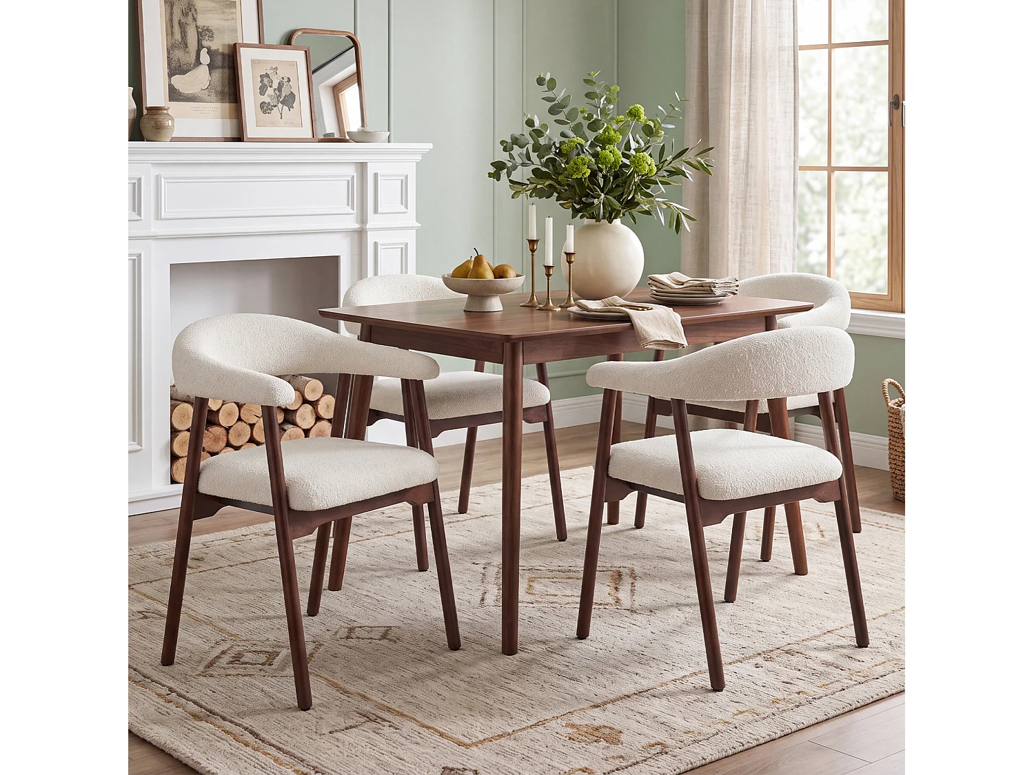 Lot de 2 chaises en bois et tissu bouclé - Marron et beige
