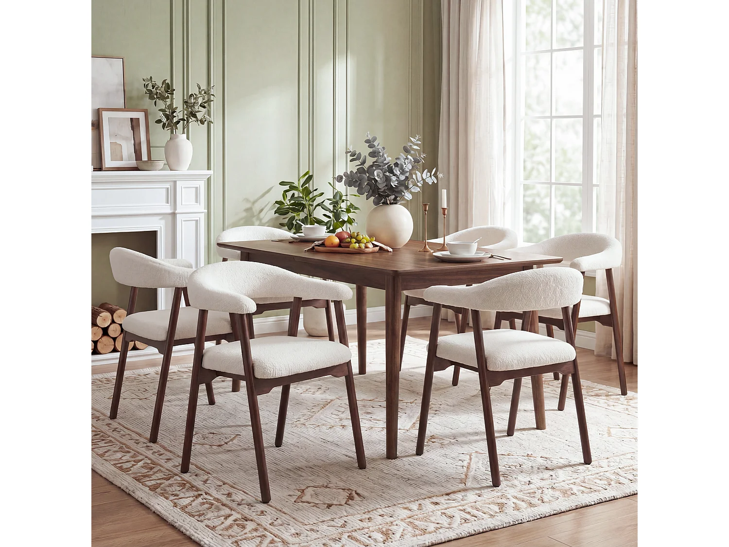 Lot de 2 chaises en bois et tissu bouclé - Marron et beige