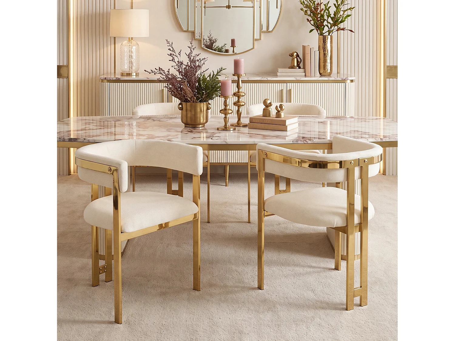 Juego de 2 sillas de comedor de chenilla - Beige y dorado