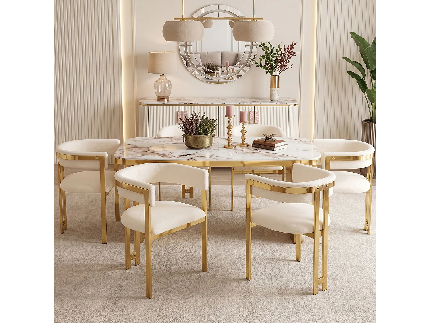 Juego de 2 sillas de comedor de chenilla - Beige y dorado