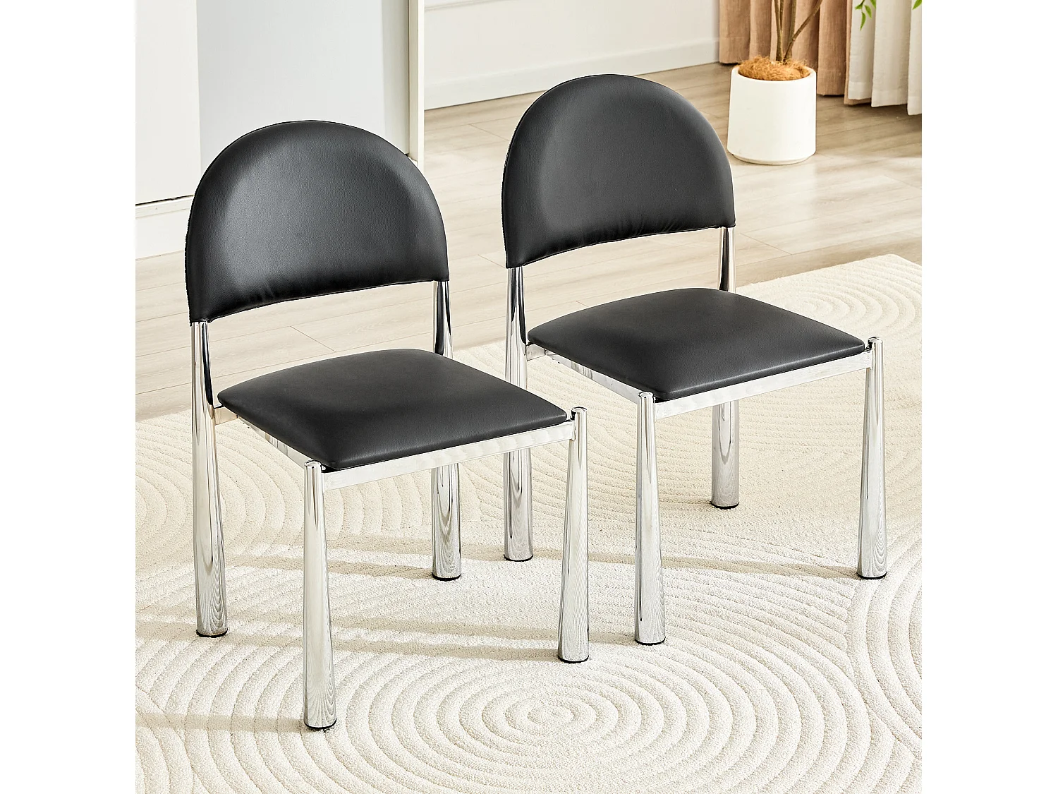 Set van 2 zwarte PU-stoelen met halfronde rugleuning en metalen poten