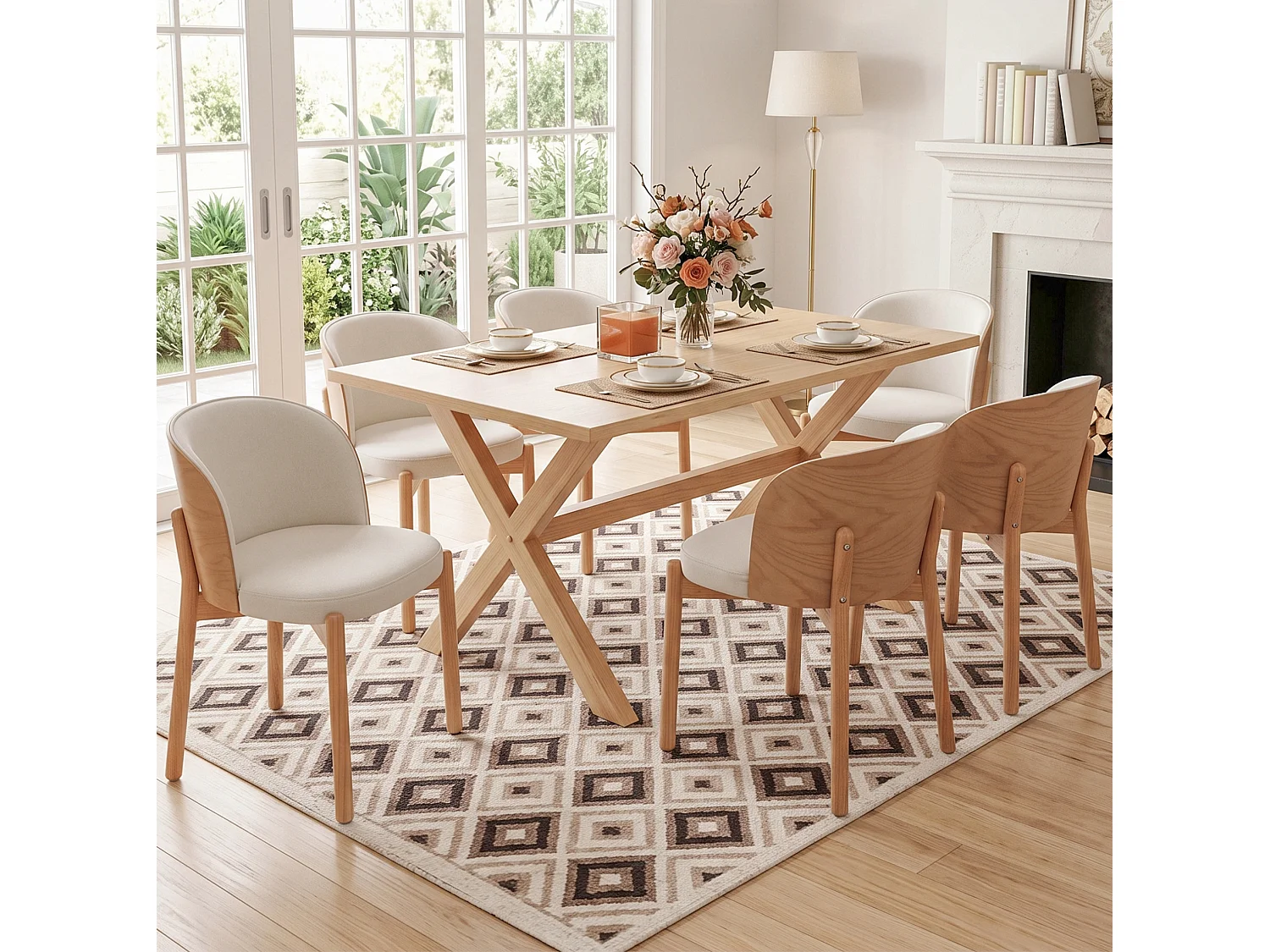 Juego de 4 sillas de comedor de madera y lino - Natural y blanco