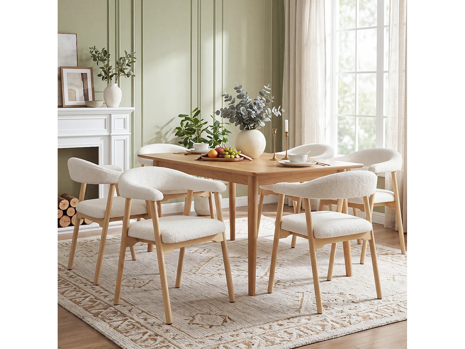Juego de 2 sillas de madera con tela bouclé - Natural y beige