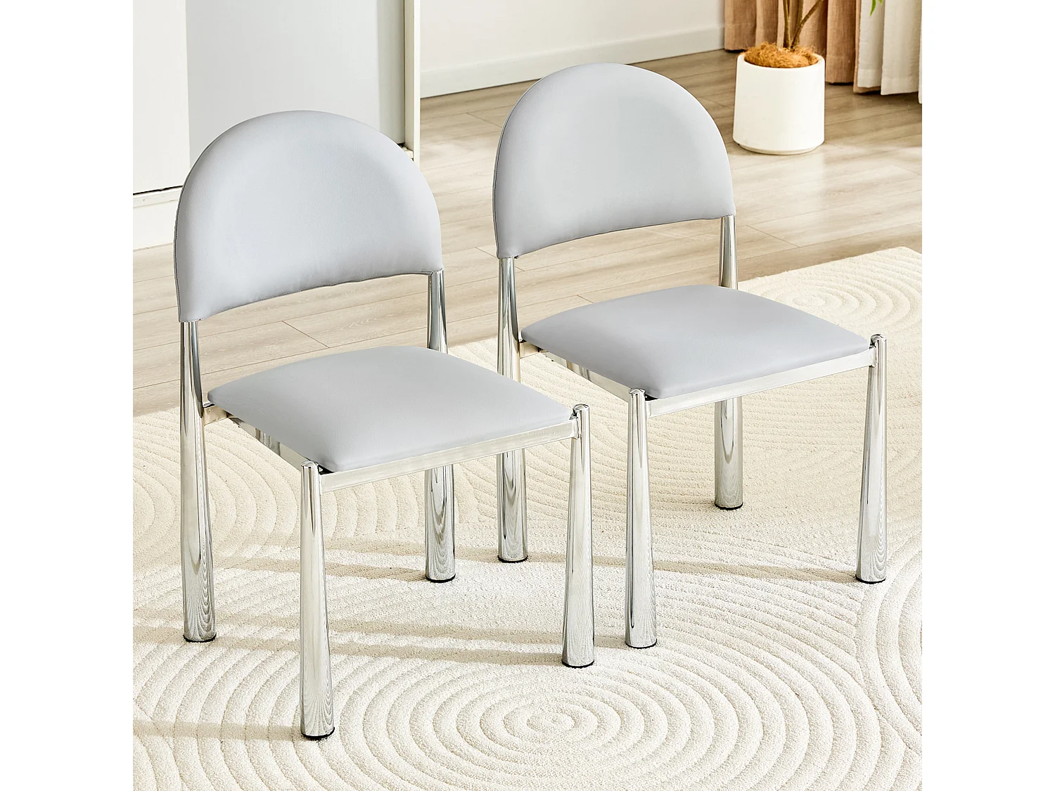 Set van 2 lichtgrijze PU-stoelen met halfronde rugleuning en metalen poten