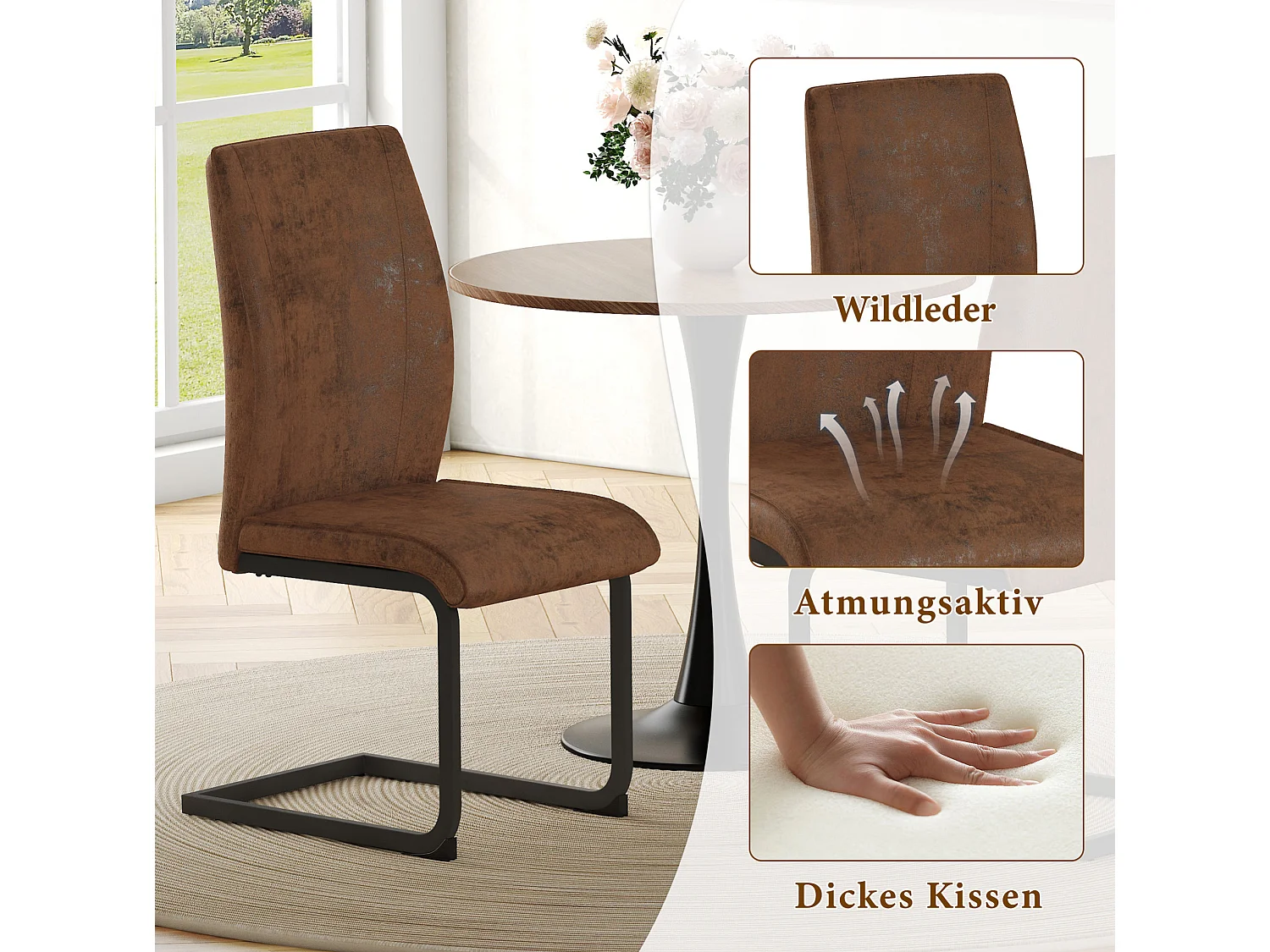 Lot de 2 chaises de salle à manger en tissu marron et métal noir