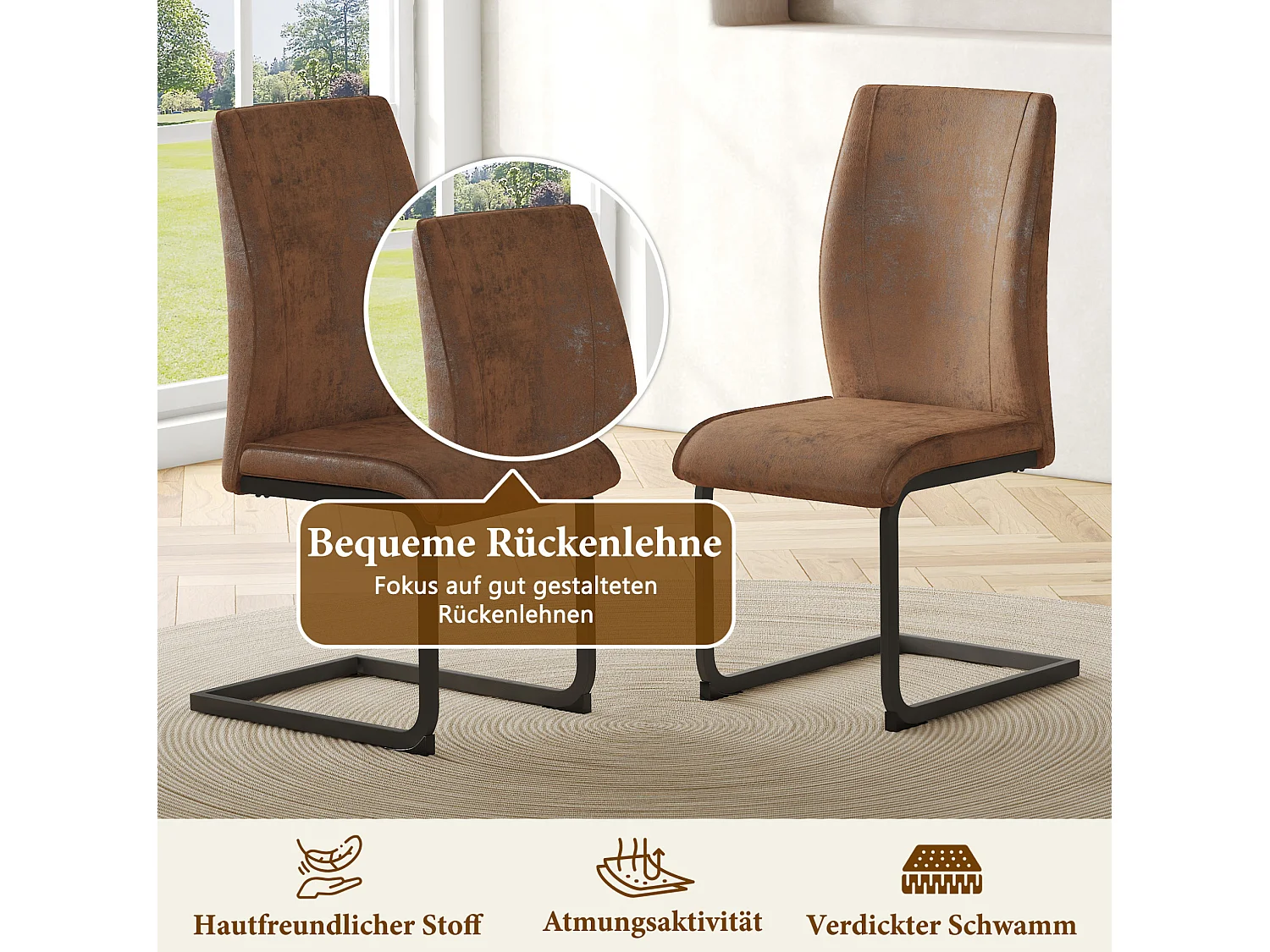 Lot de 2 chaises de salle à manger en tissu marron et métal noir