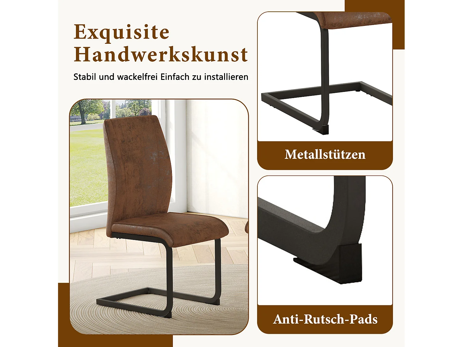 Lot de 2 chaises de salle à manger en tissu marron et métal noir