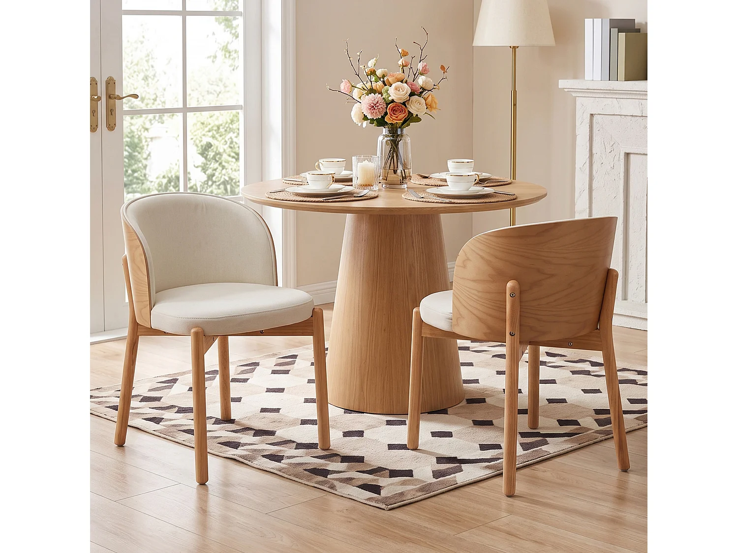 Juego de 2 sillas de comedor de madera y lino - Natural y blanco