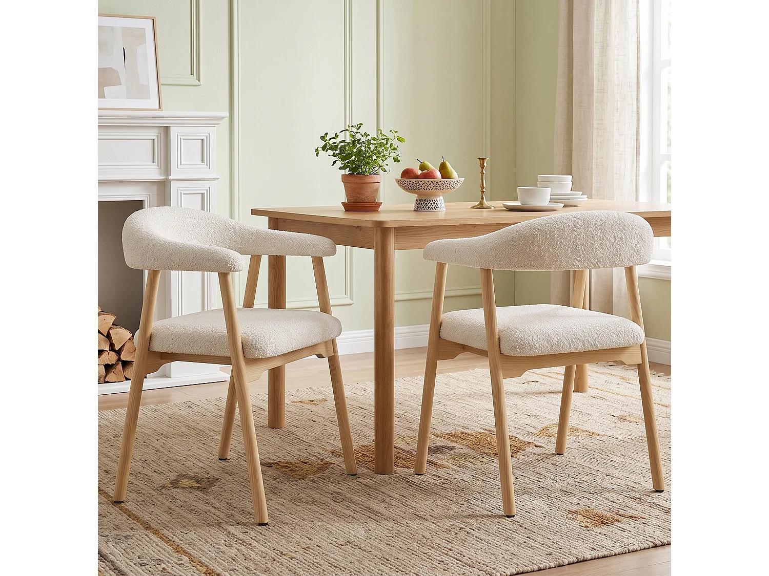Juego de 6 sillas de madera con tela bouclé - Natural y beige