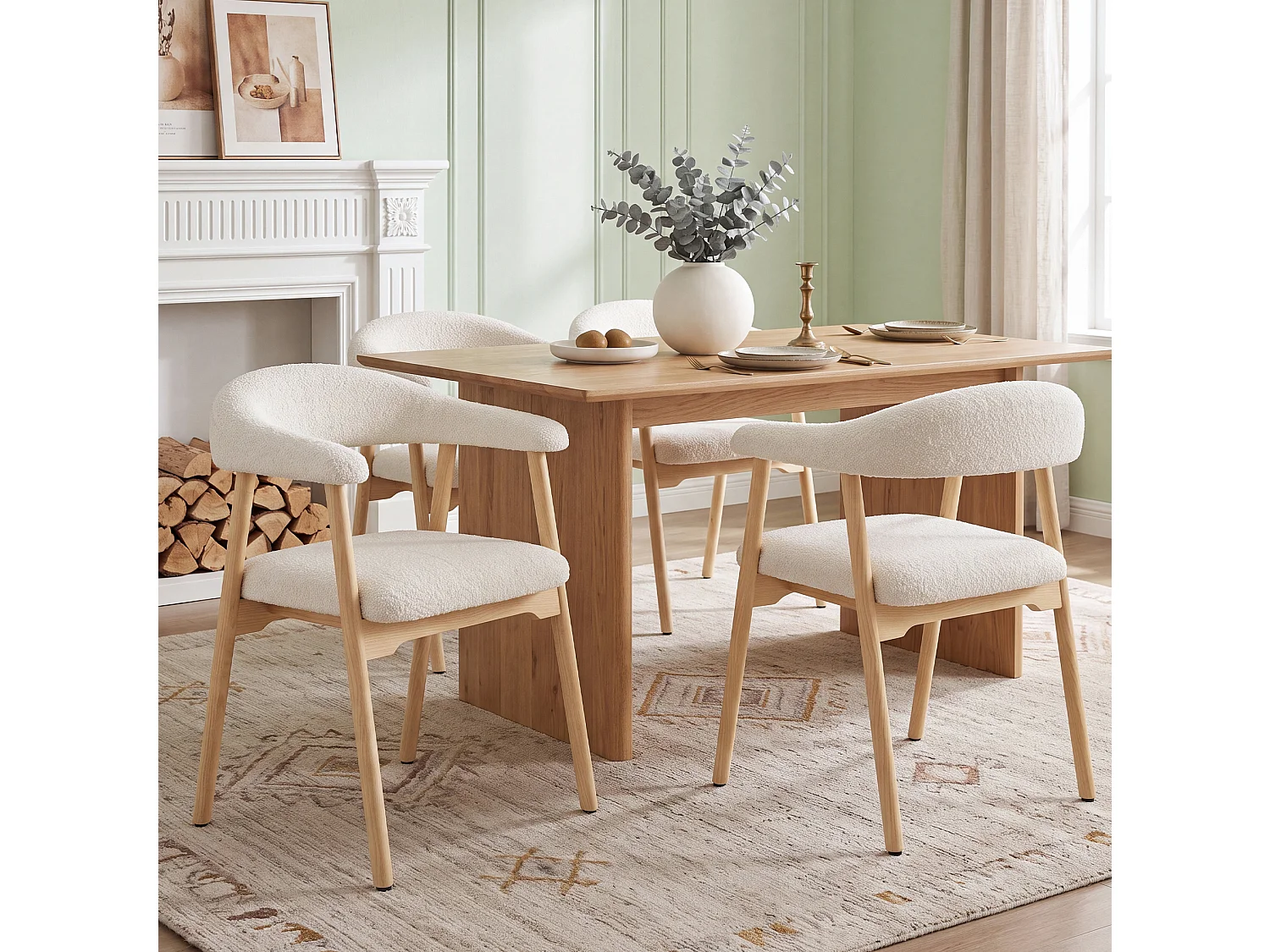 Juego de 6 sillas de madera con tela bouclé - Natural y beige
