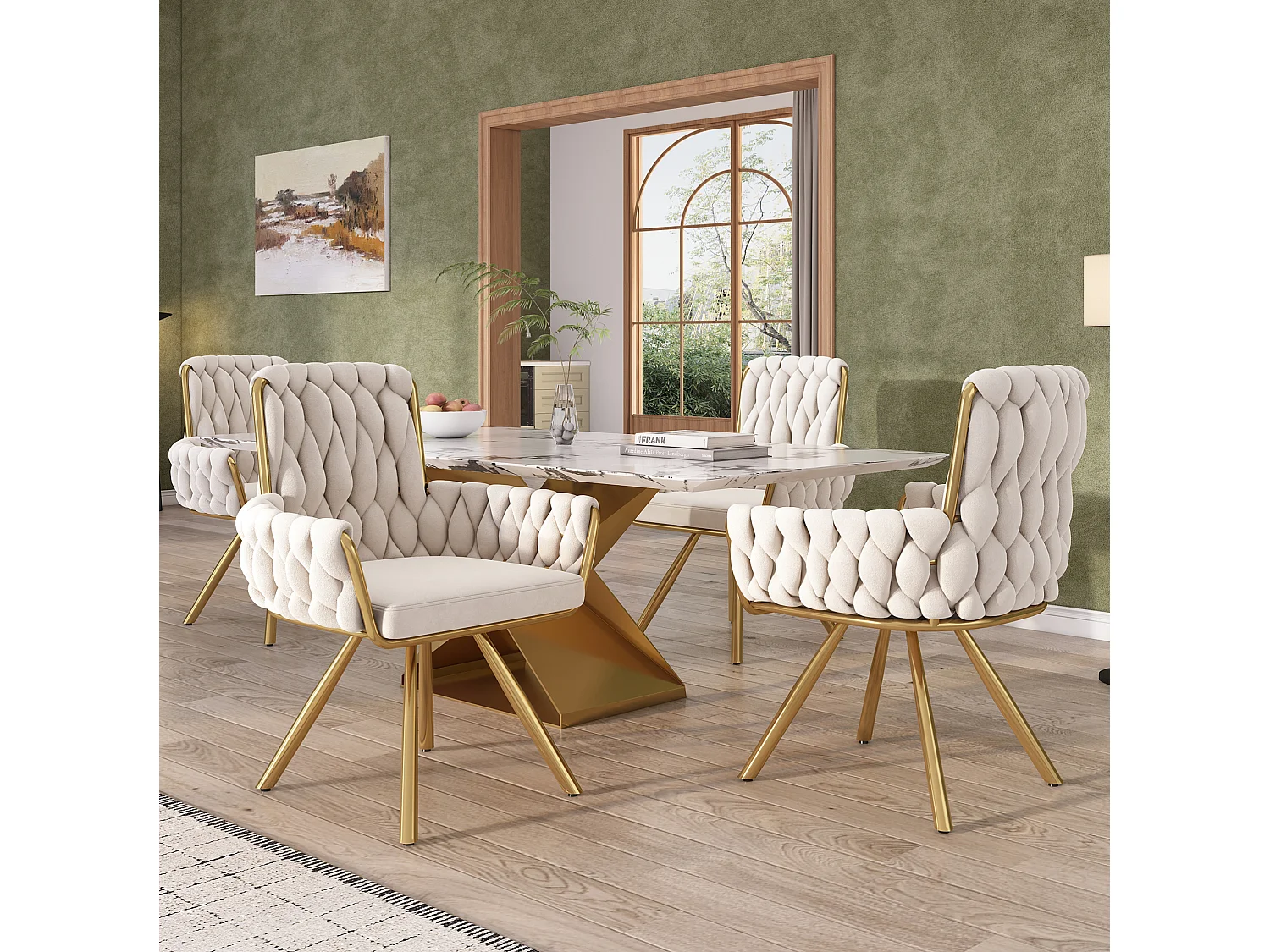 Lot de 6 chaises pivotant en velours - Pieds en métal - Beige