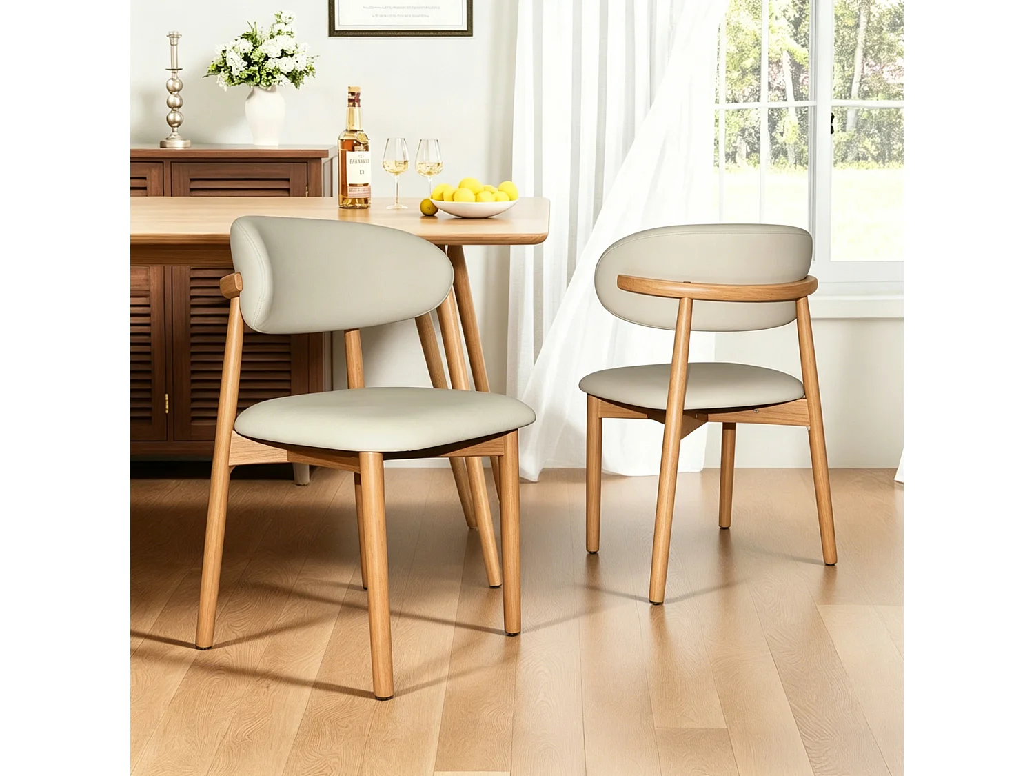 Set van 2 stoelen met poten van licht natuurlijk hout - Wit kunstleer