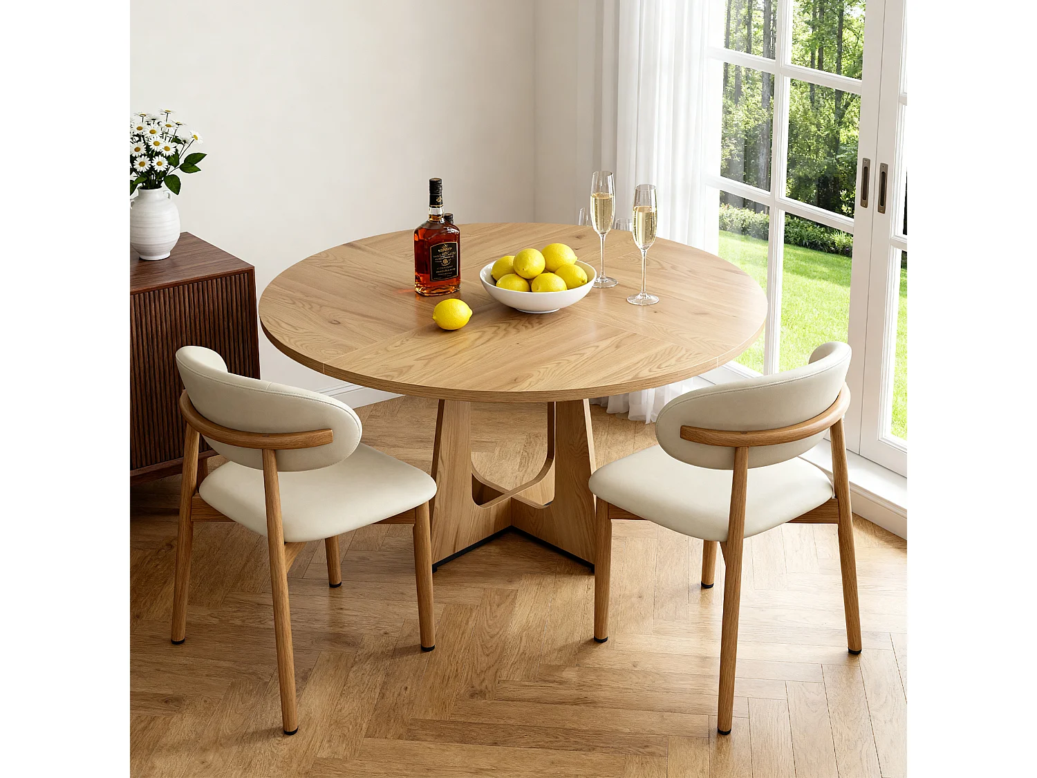 Set van 2 stoelen met poten van licht natuurlijk hout - Wit kunstleer