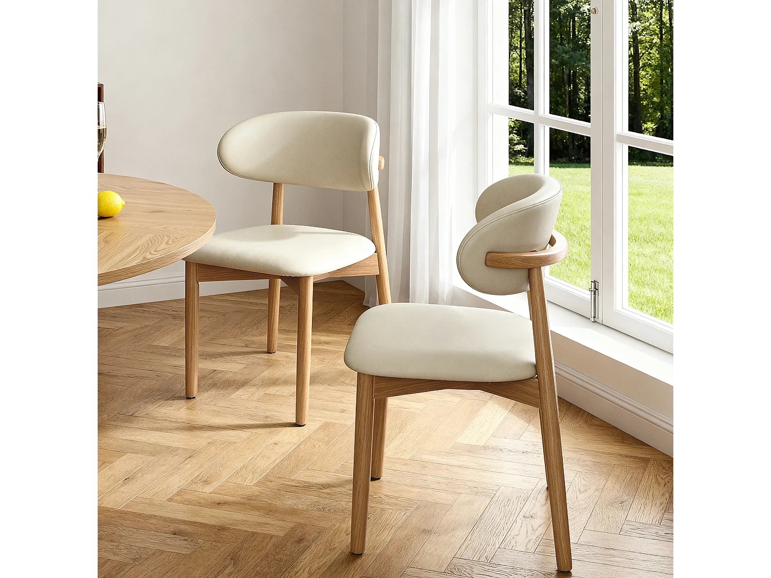 Set van 2 stoelen met poten van licht natuurlijk hout - Wit kunstleer