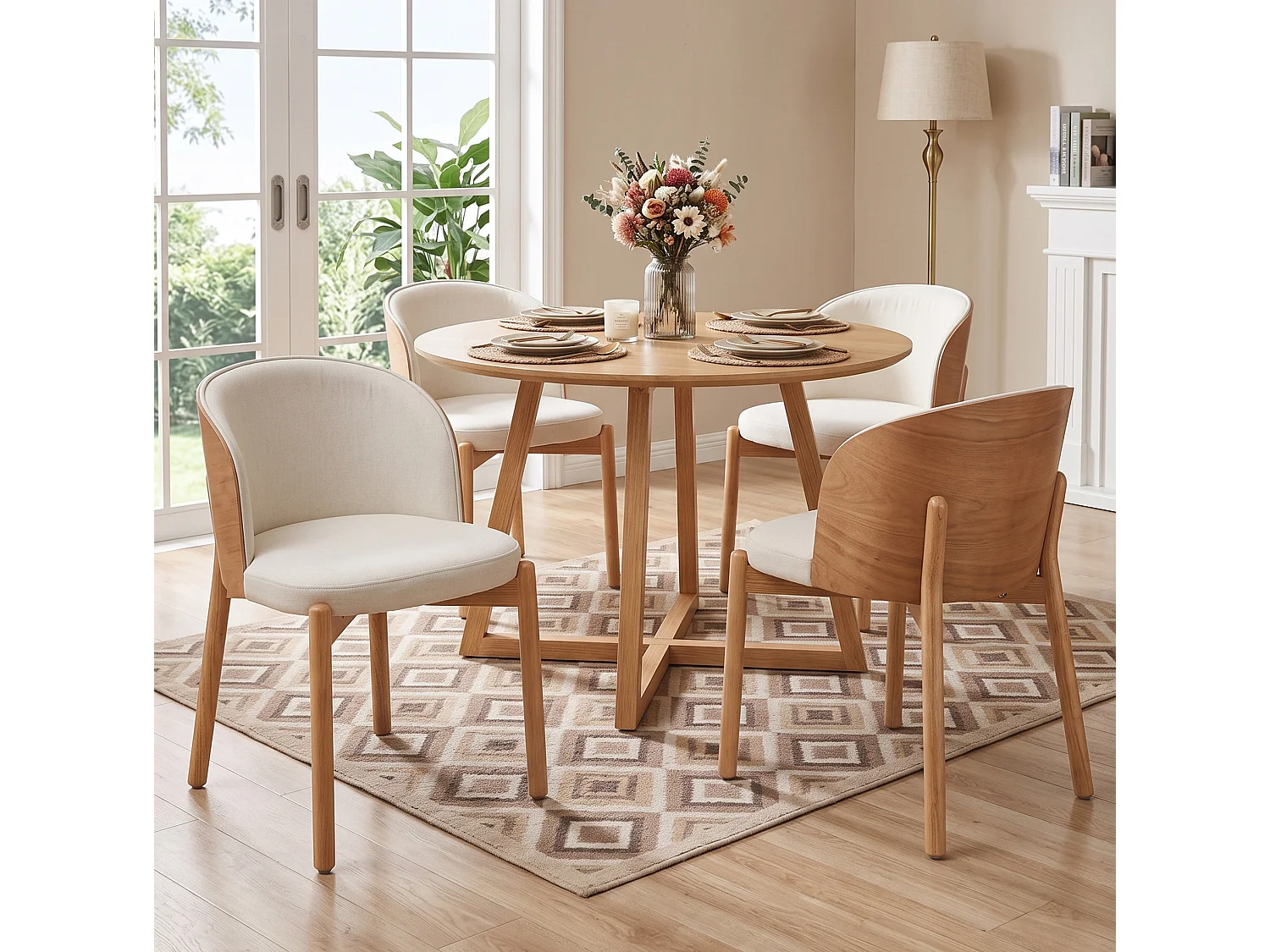 Juego de 6 sillas de comedor de madera y lino - Natural y blanco