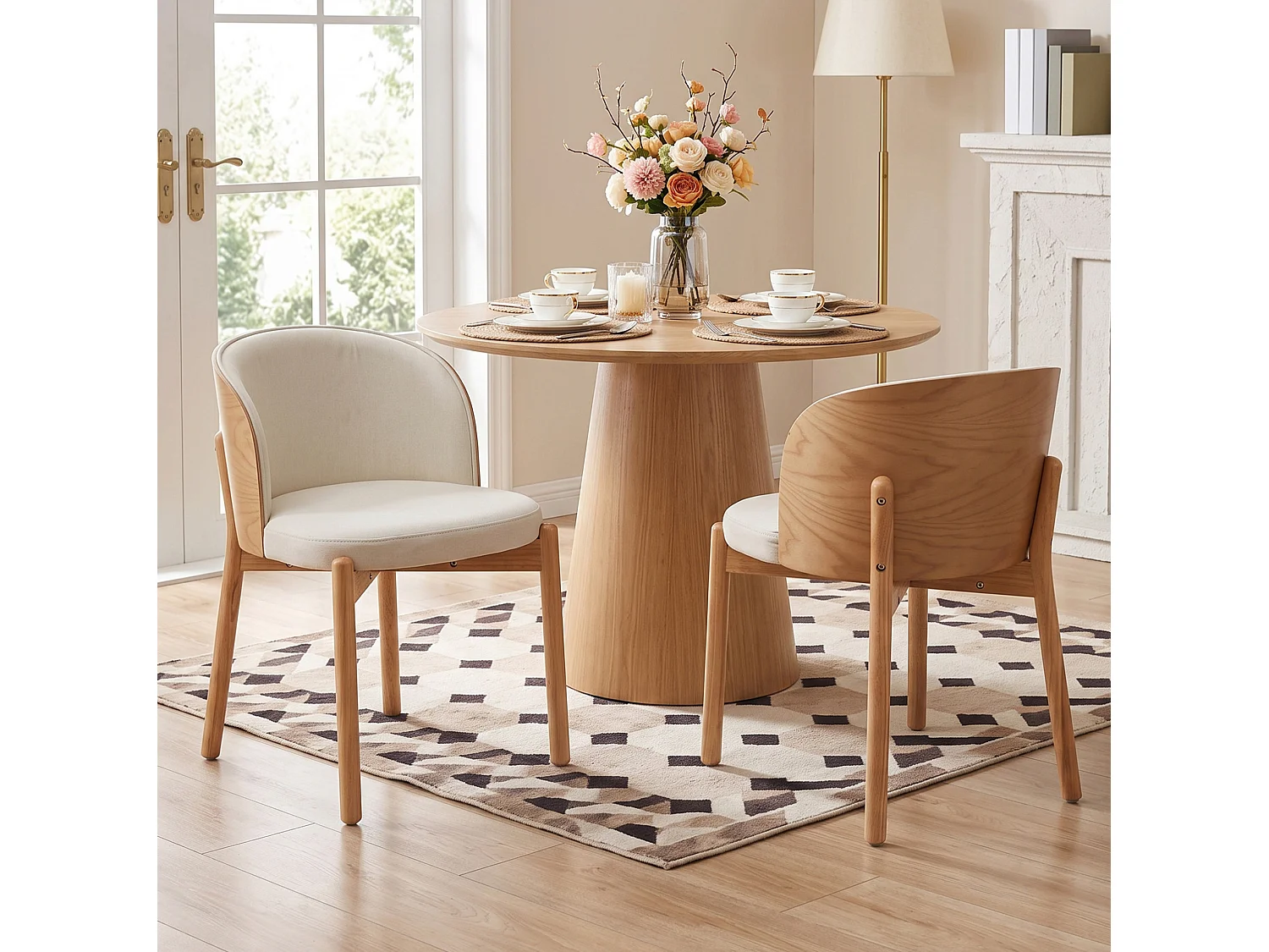 Juego de 6 sillas de comedor de madera y lino - Natural y blanco